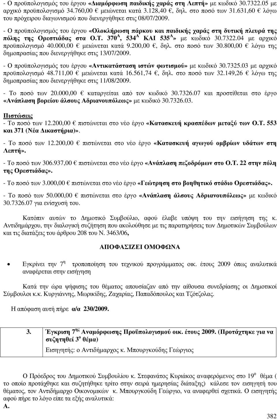 370 Α, 534 Α ΚΑΙ 535 Α» µε κωδικό 30.7322.04 µε αρχικό προϋπολογισµό 40.000,00 µειώνεται κατά 9.200,00, δηλ. στο ποσό των 30.800,00 λόγω της δηµοπρασίας που διενεργήθηκε στις 13/07/2009.