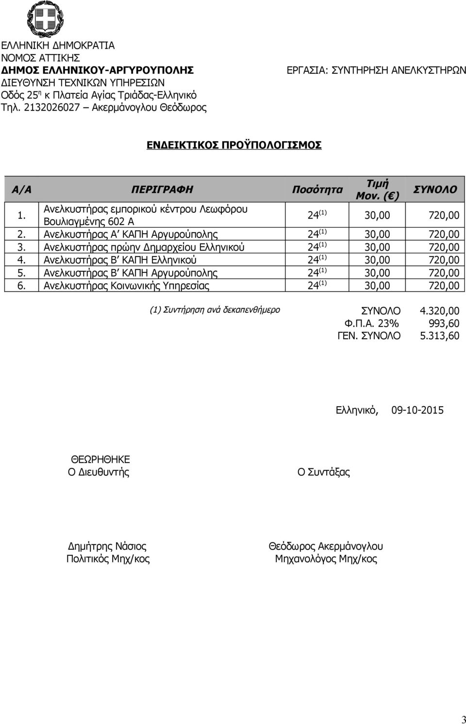 Ανελκυστήρας Β ΚΑΠΗ Ελληνικού 24 (1) 30,00 720,00 5. Ανελκυστήρας Β ΚΑΠΗ Αργυρούπολης 24 (1) 30,00 720,00 6.