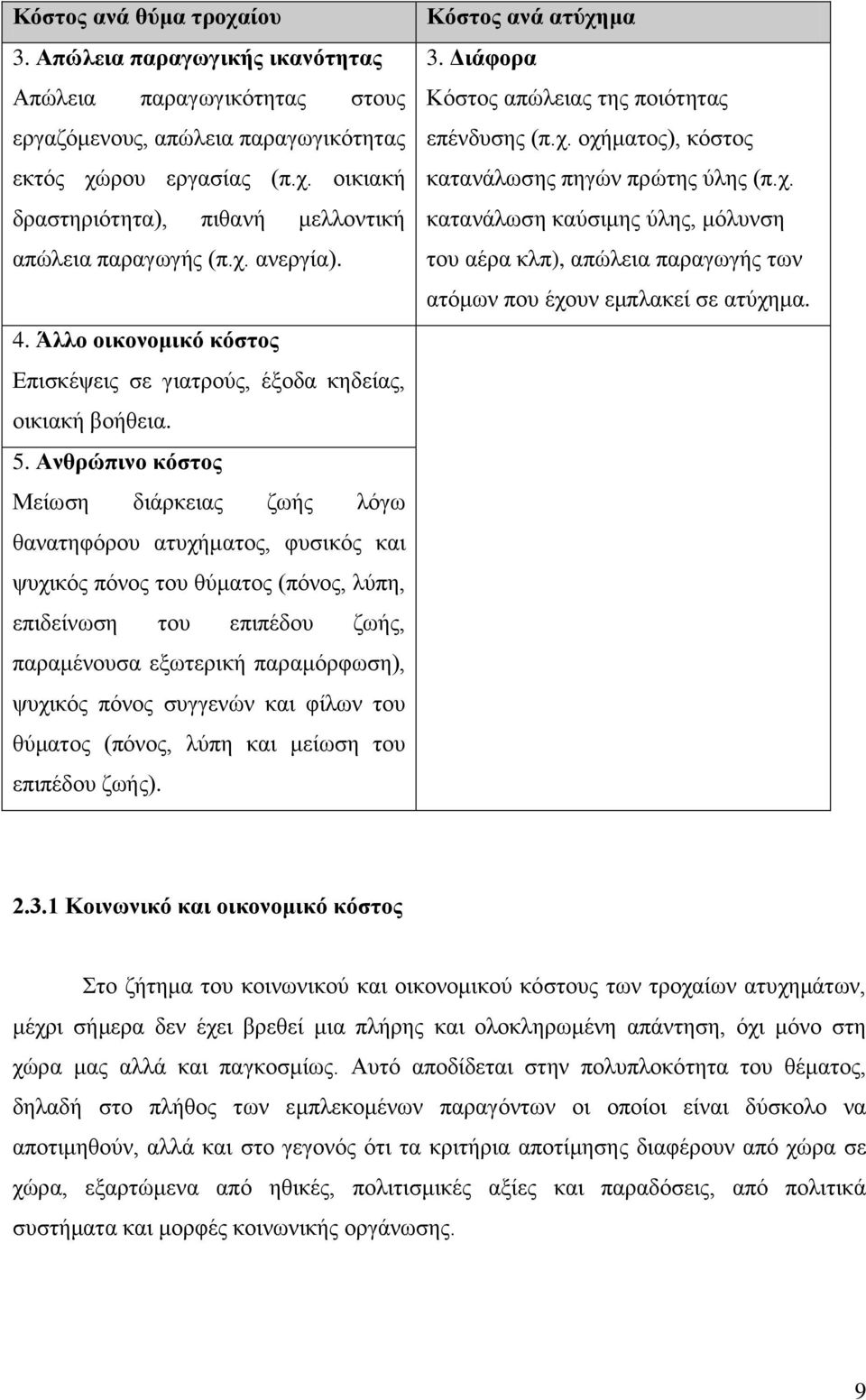 Ανθρώπινο κόστος Μείωση διάρκειας ζωής λόγω θανατηφόρου ατυχήματος, φυσικός και ψυχικός πόνος του θύματος (πόνος, λύπη, επιδείνωση του επιπέδου ζωής, παραμένουσα εξωτερική παραμόρφωση), ψυχικός πόνος