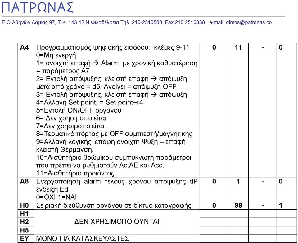 µε OFF συµπιεστή/µαγνητικής 9=Αλλαγή λογικής, επαφή ανοιχτή Ψύξη επαφή κλειστή Θέρµανση. 10=Αισθητήριο βρώµικου συµπυκνωτή παράµετροι που πρέπει να ρυθµιστούν Ac,AE και Acd.