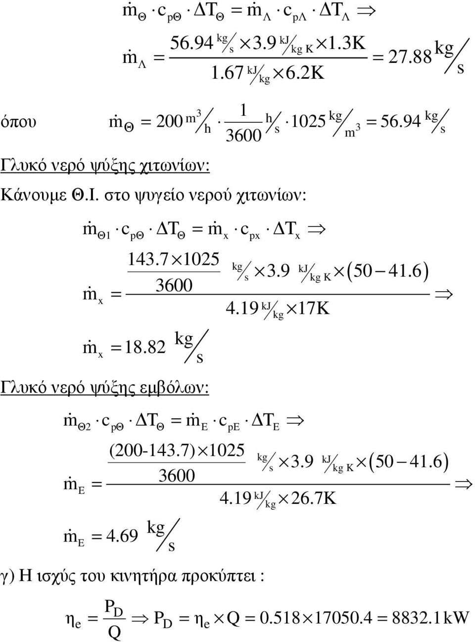 στο ψυγείο νερού χιτωνίων: c T c T Θ1 pθ Θ x px x x x 18.8 Γλυκό νερό ψύξης εµβόλων: kj 56.94 143.