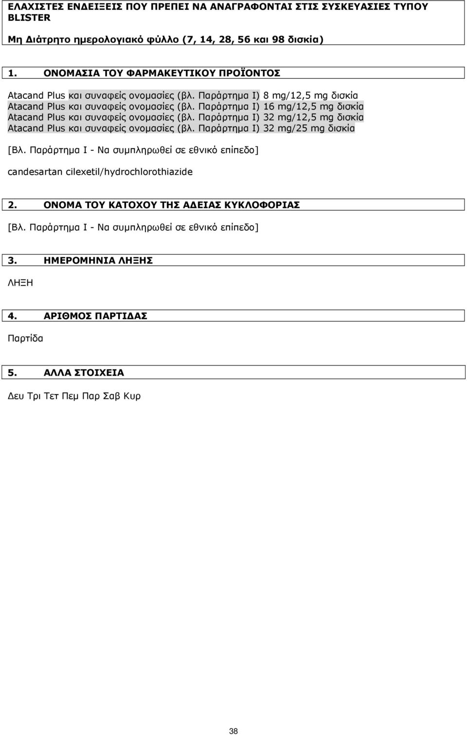 Παράρτημα Ι) 16 mg/12,5 mg δισκία Atacand Plus και συναφείς ονομασίες (βλ. Παράρτημα Ι) 32 mg/12,5 mg δισκία Atacand Plus και συναφείς ονομασίες (βλ. Παράρτημα Ι) 32 mg/25 mg δισκία [Βλ.