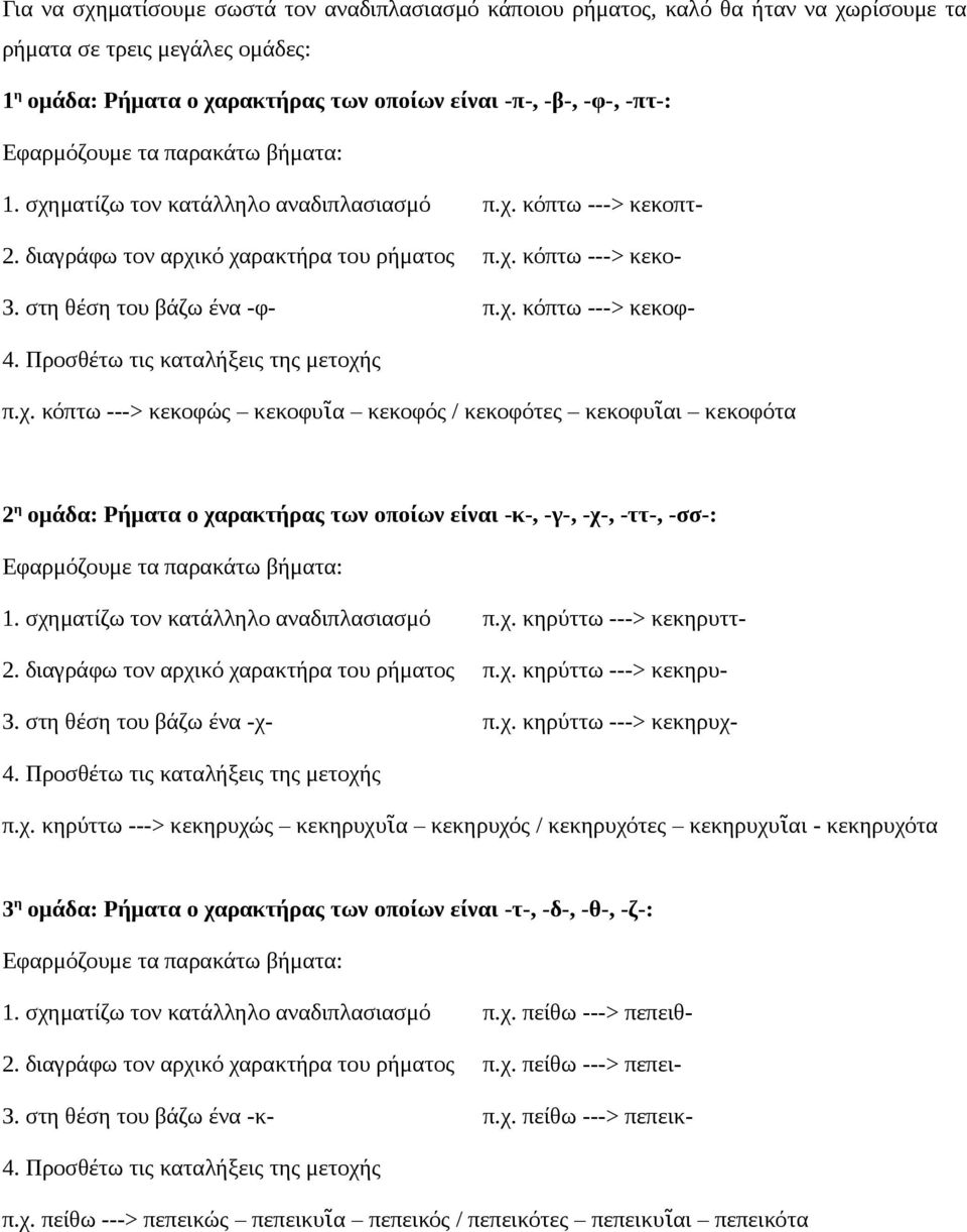 σχηματίζω τον κατάλληλο αναδιπλασιασμό π.χ. κηρύττω ---> κεκηρυττ- 2. διαγράφω τον αρχικό χαρακτήρα του ρήματος π.χ. κηρύττω ---> κεκηρυ- 3. στη θέση του βάζω ένα -χ- π.χ. κηρύττω ---> κεκηρυχ- π.χ. κηρύττω ---> κεκηρυχώς κεκηρυχυῖα κεκηρυχός / κεκηρυχότες κεκηρυχυῖαι - κεκηρυχότα 3 η ομάδα: Ρήματα ο χαρακτήρας των οποίων είναι -τ-, -δ-, -θ-, -ζ-: 1.