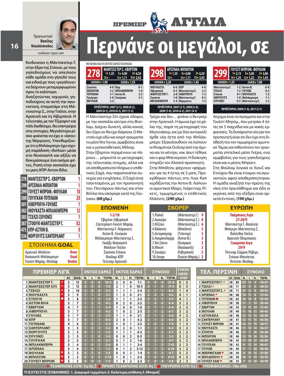 Αναζητώντας ισχυρούς γηπεδούχους σε αυτή την αγωνιστική, σταματάμε στη Μάντσεστερ Σ., στην Τσέλσι, στην Αρσεναλ και τη Λίβερπουλ.