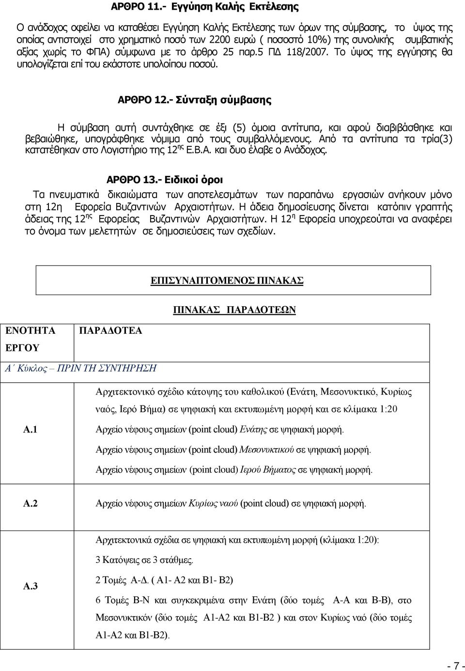 συμβατικής αξίας χωρίς το ΦΠΑ) σύμφωνα με το άρθρο 25 παρ.5 ΠΔ 118/2007. Το ύψος της εγγύησης θα υπολογίζεται επί του εκάστοτε υπολοίπου ποσού. ΑΡΘΡO 12.