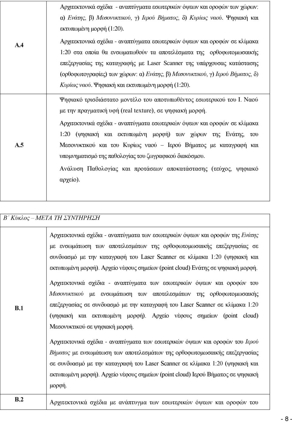 υπάρχουσας κατάστασης (ορθοφωτογραφίες) των χώρων: α) Ενάτης, β) Μεσονυκτικού, γ) Ιερού Βήματος, δ) Κυρίως ναού. Ψηφιακή και εκτυπωμένη μορφή (1:20).