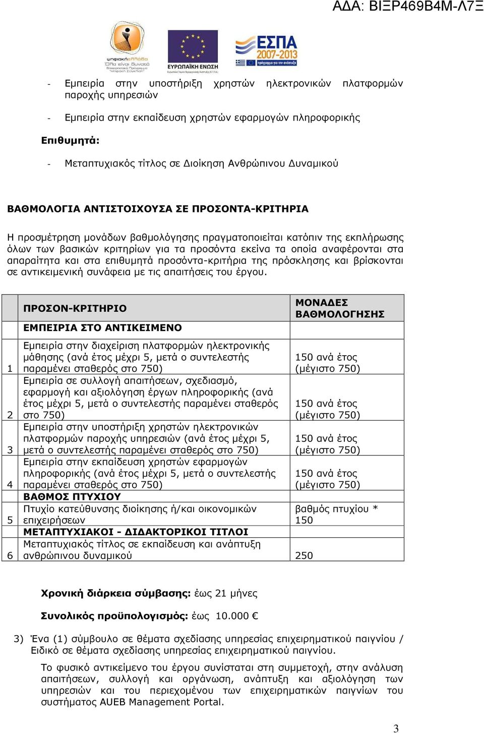 πρόσκλησης και βρίσκονται σε αντικειµενική 1 2 3 4 5 6 Εµπειρία στην διαχείριση πλατφορµών ηλεκτρονικής µάθησης (ανά έτος µέχρι 5, µετά ο συντελεστής παραµένει σταθερός στο 750) Εµπειρία σε συλλογή