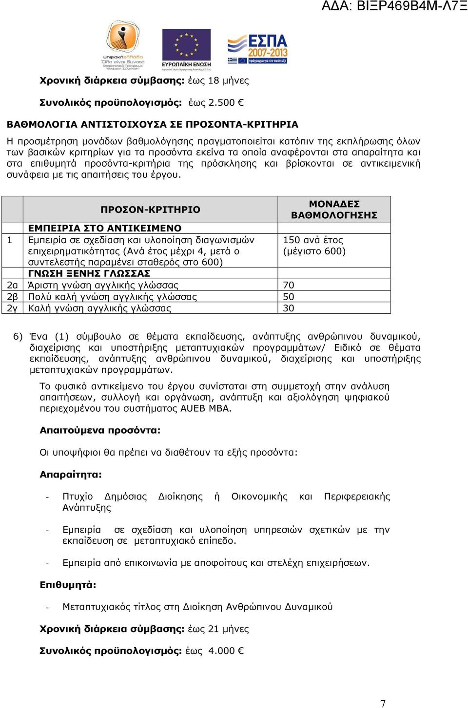 αγγλικής γλώσσας 50 2γ Καλή γνώση αγγλικής γλώσσας 30 6) Ένα (1) σύµβουλο σε θέµατα εκπαίδευσης, ανάπτυξης ανθρώπινου δυναµικού, διαχείρισης και υποστήριξης µεταπτυχιακών προγραµµάτων/ Ειδικό σε