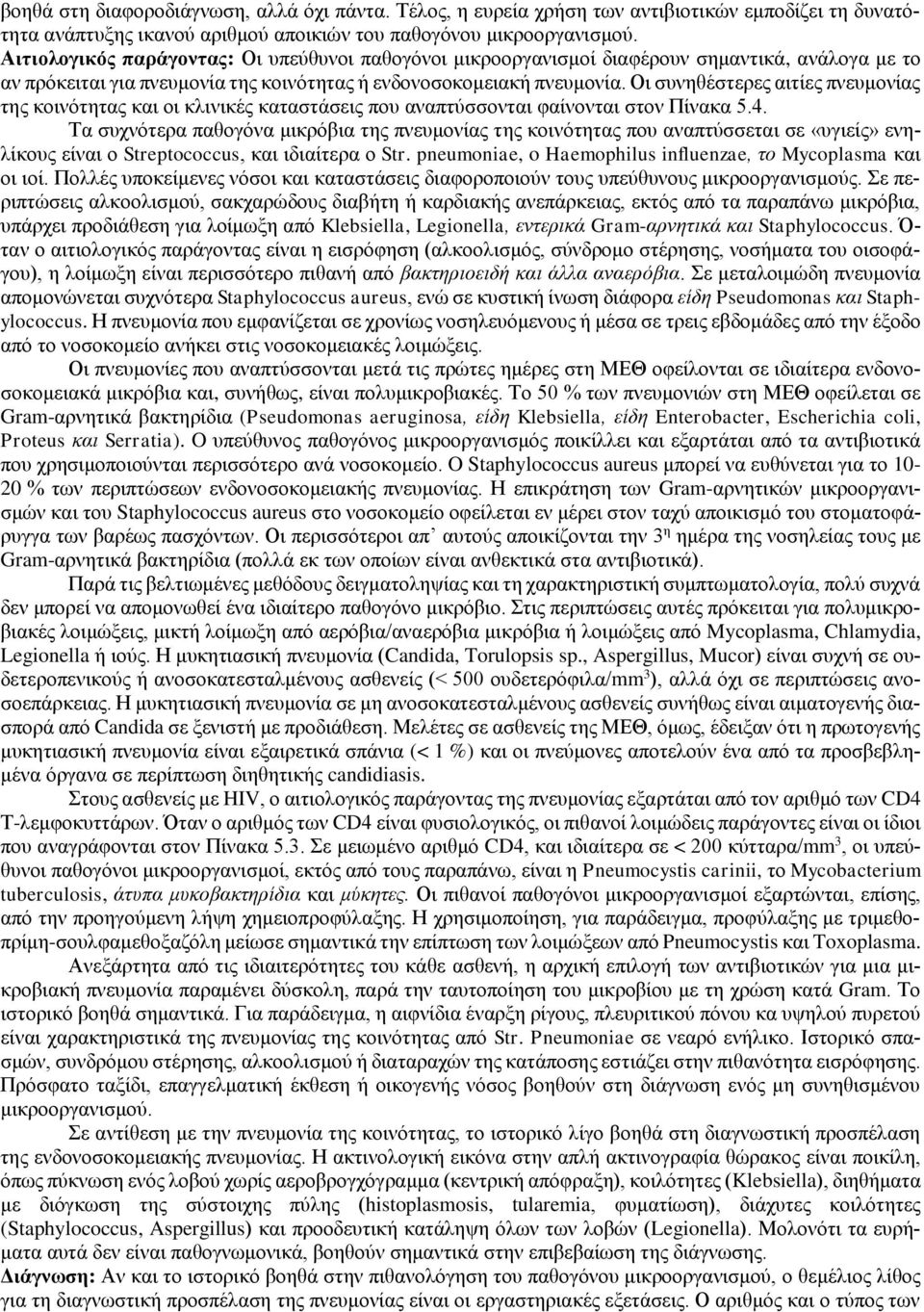 Οι συνηθέστερες αιτίες πνευμονίας της κοινότητας και οι κλινικές καταστάσεις που αναπτύσσονται φαίνονται στον Πίνακα 5.4.