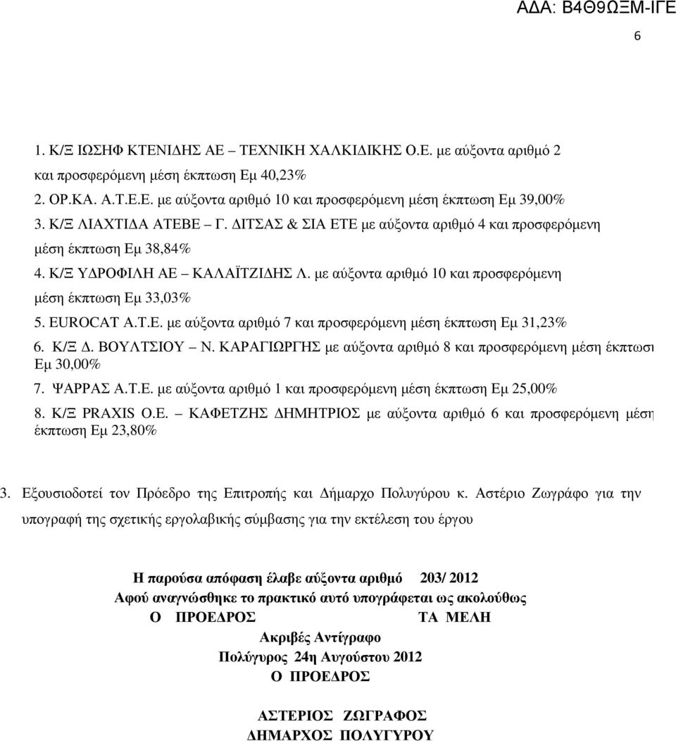 EUROCAT Α.Τ.Ε. µε αύξοντα αριθµό 7 και προσφερόµενη µέση έκπτωση Εµ 31,23% 6. Κ/Ξ. ΒΟΥΛΤΣΙΟΥ Ν. ΚΑΡΑΓΙΩΡΓΗΣ µε αύξοντα αριθµό 8 και προσφερόµενη µέση έκπτωση Εµ 30,00% 7. ΨΑΡΡΑΣ Α.Τ.Ε. µε αύξοντα αριθµό 1 και προσφερόµενη µέση έκπτωση Εµ 25,00% 8.