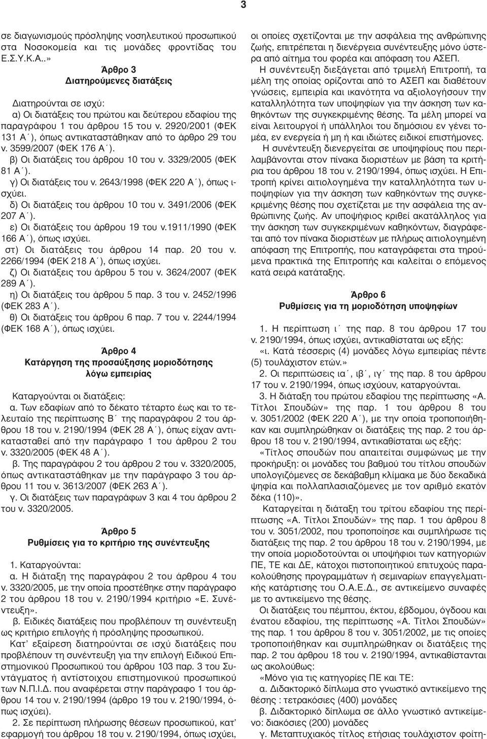 2920/2001 (ΦΕΚ 131 Α ), όπως αντικαταστάθηκαν από το άρθρο 29 του ν. 3599/2007 (ΦΕΚ 176 Α ). β) Οι διατάξεις του άρθρου 10 του ν. 3329/2005 (ΦΕΚ 81 Α ). γ) Οι διατάξεις του ν.