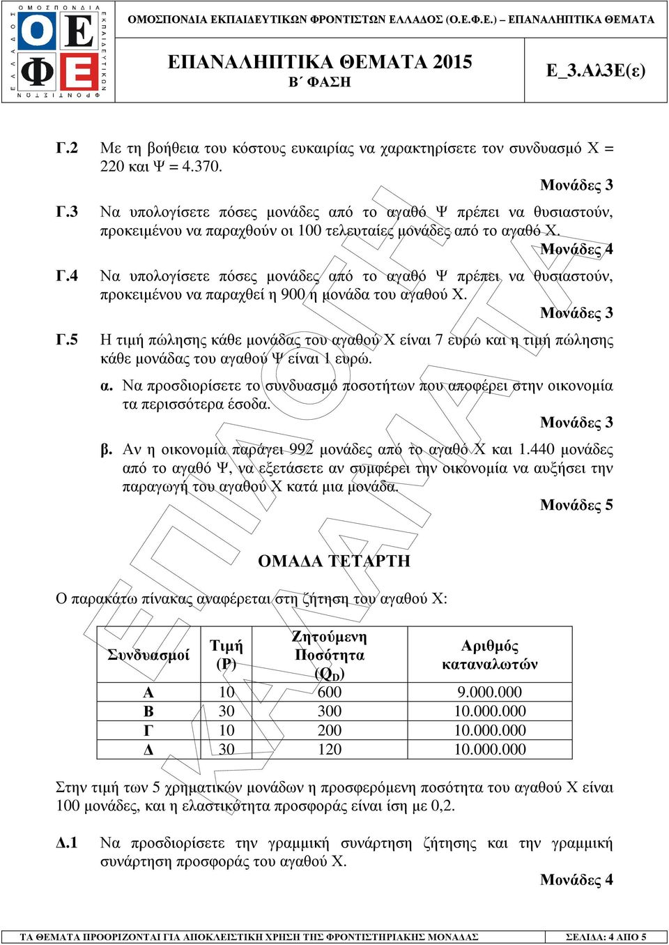 4 Να υπολογίσετε πόσες µονάδες από το αγαθό Ψ πρέπει να θυσιαστούν, προκειµένου να παραχθεί η 900 η µονάδα του αγαθού Χ. Γ.