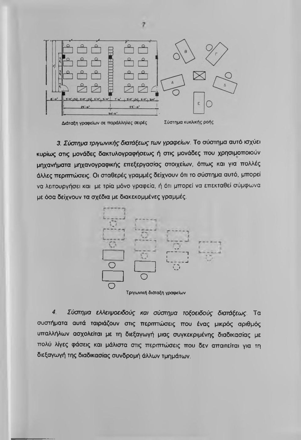 Οι σταθερές γραμμές δείχνουν ότι το σύστημα αυτό, μπορεί να λειτουργήσει και με τρία μόνο γραφεία, ή ότι μπορεί να επεκταθεί σύμφωνα με όσα δείχνουν τα σχέδια με διακεκομμένες γραμμές.