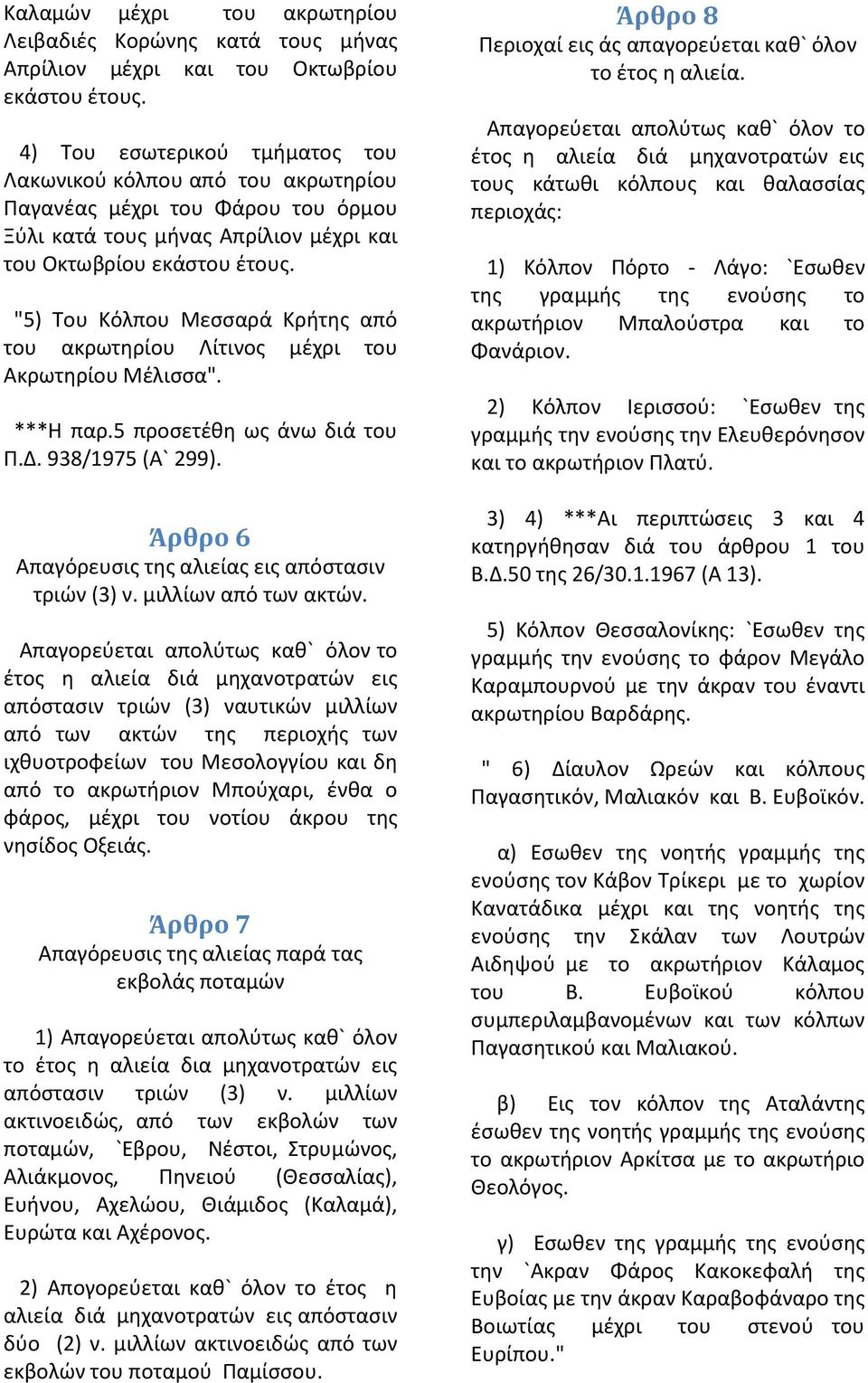 938/1975 (Α` 299). Άρθρο 6 τριϊν (3) ν. μιλλίων από των ακτϊν.