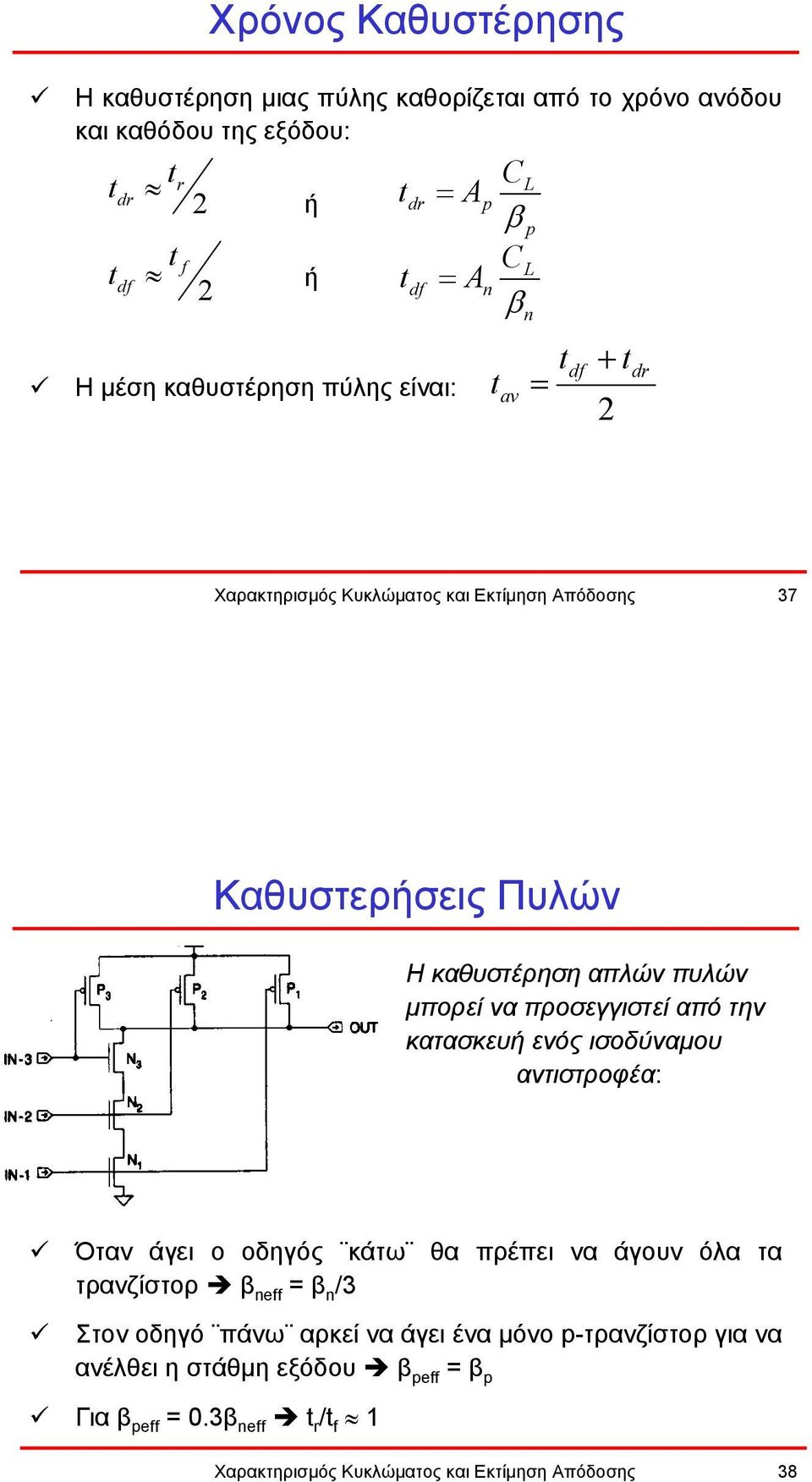 προσεγγιστεί από την κατασκευή ενός ισοδύναµου αντιστροφέα: Όταν άγει ο οδηγός κάτω θα πρέπει να άγουν όλα τα τρανζίστορ β neff = β n /3 Στον οδηγό πάνω