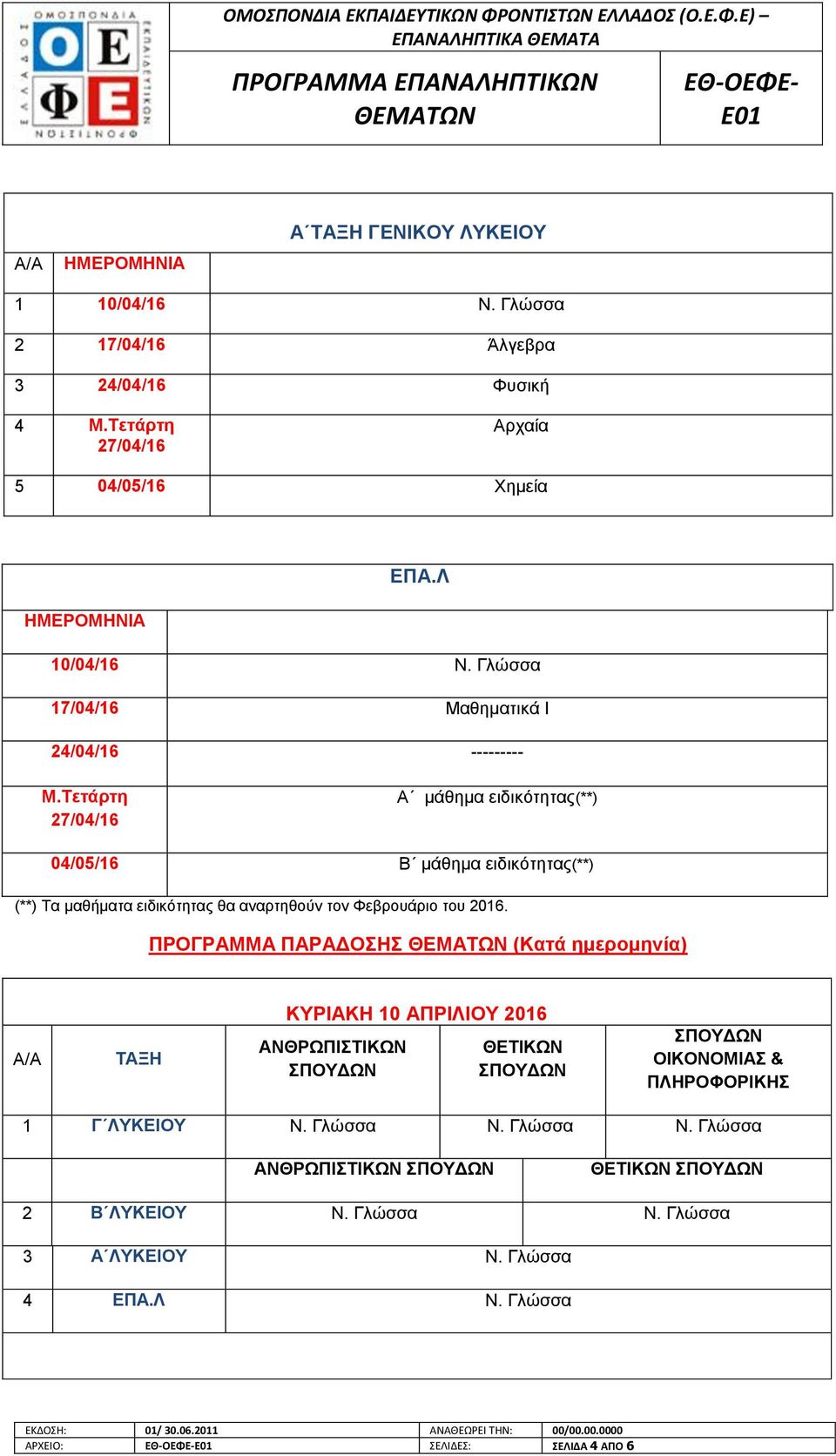 Σετάπτη Α μάθημα ειδικόηηηας(**) 04/05/6 Β μάθημα ειδικόηηηας(**) (**) Τα μαθήμαηα ειδικόηηηας θα αναρηηθούν ηον