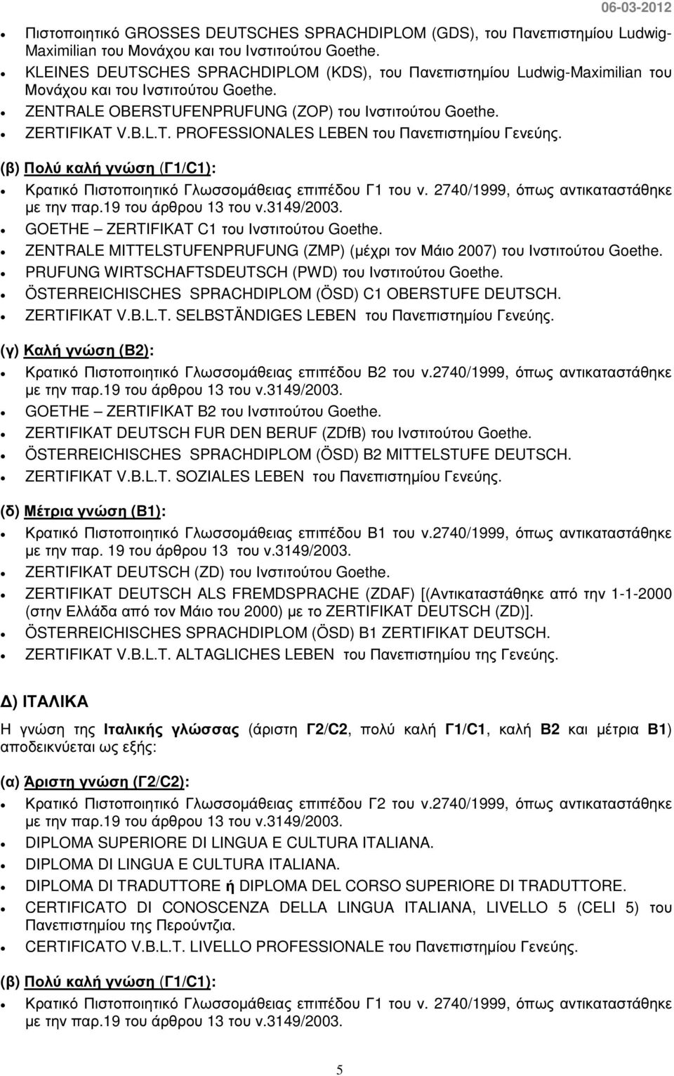 GOETHE ZERTIFIKAT C1 του Ινστιτούτου Goethe. ZENTRALE MITTELSTUFENPRUFUNG (ZMP) (µέχρι τον Μάιο 2007) του Ινστιτούτου Goethe. PRUFUNG WIRTSCHAFTSDEUTSCH (PWD) του Ινστιτούτου Goethe.