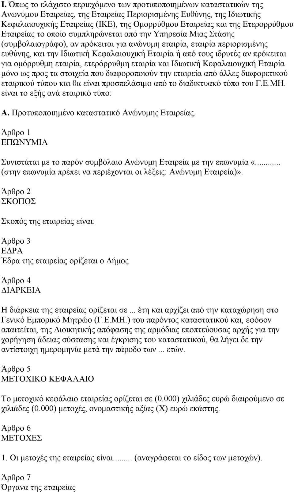 Δηαηξία ή απφ ηνπο ηδξπηέο αλ πξφθεηηαη γηα νκφξξπζκε εηαηξία, εηεξφξξπζκε εηαηξία θαη Ηδησηηθή Κεθαιαηνπρηθή Δηαηξία κφλν σο πξνο ηα ζηνηρεία πνπ δηαθνξνπνηνχλ ηελ εηαηξεία απφ άιιεο δηαθνξεηηθνχ