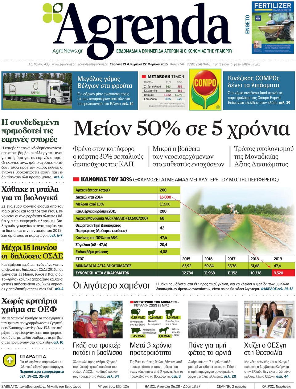 34 ΜΕΤΑΒΟΛΗ ΤΙΜΩΝ ΠΡΟΪΟΝ 13/3 Σιτάρι σκληρό Καλαµπόκι Βαµβάκι Ελαιόλαδο 363 160 61,22 3,25 20/3 355 165 62,95 3,25 Σιτάρι και καλαµπόκι: ευρώ/τόνος, βαµβάκι: σεντς/λίµπρα, ελαιόλαδο: ευρώ/κιλό 264