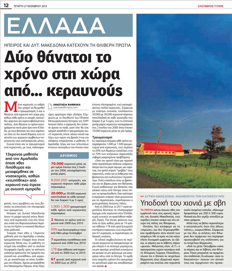 θεωρηθεί ο τραυματισμός ή και ο θάνατος από κεραυνό στη χώρα μας, καθώς κάθε χρόνο οι ισχυρές καταιγίδες φέρνουν και κεραυνοβολημένους πολίτες.