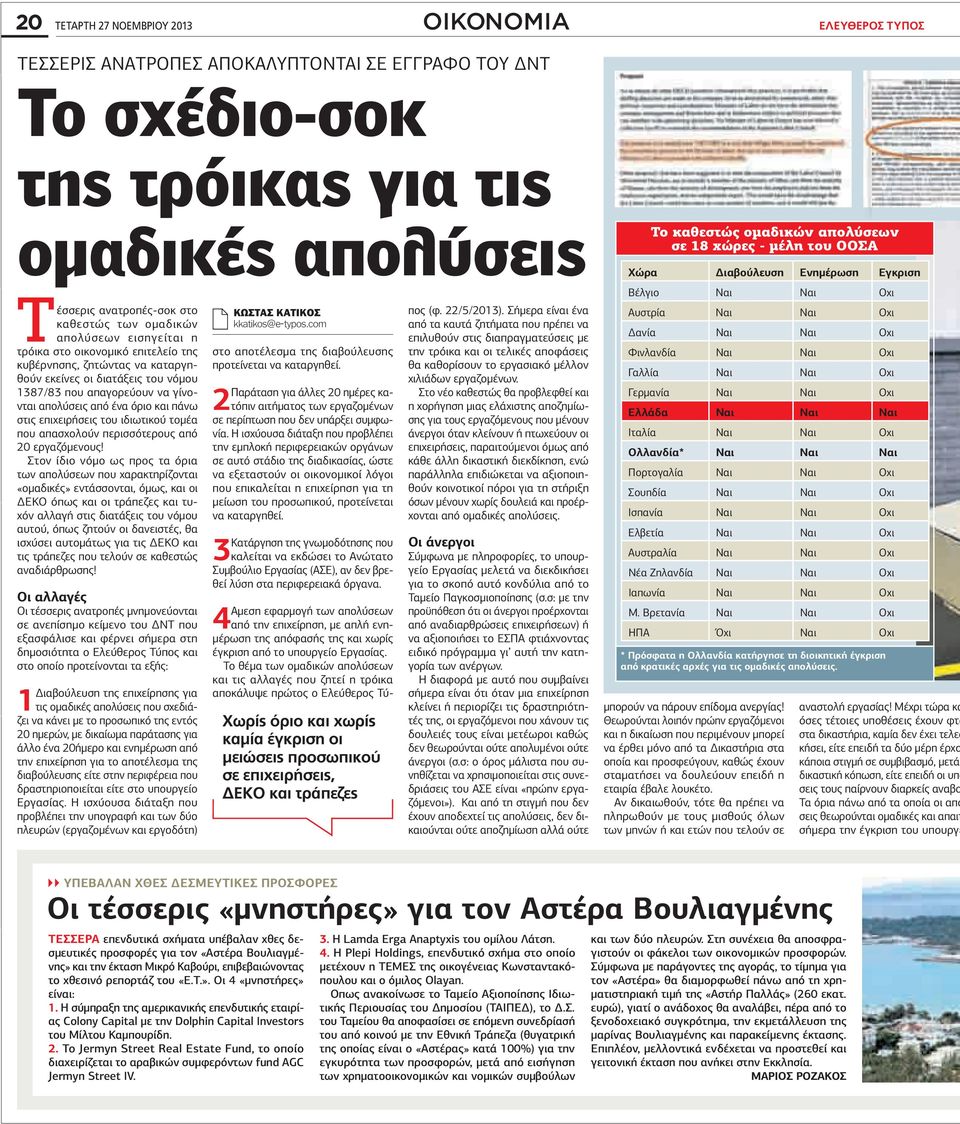 ζητώντας να καταργηθούν εκείνες οι διατάξεις του νόµου 187/8 που απαγορεύουν να γίνονται απολύσεις από ένα όριο και πάνω στις επιχειρήσεις του ιδιωτικού τοµέα που απασχολούν περισσότερους από 20