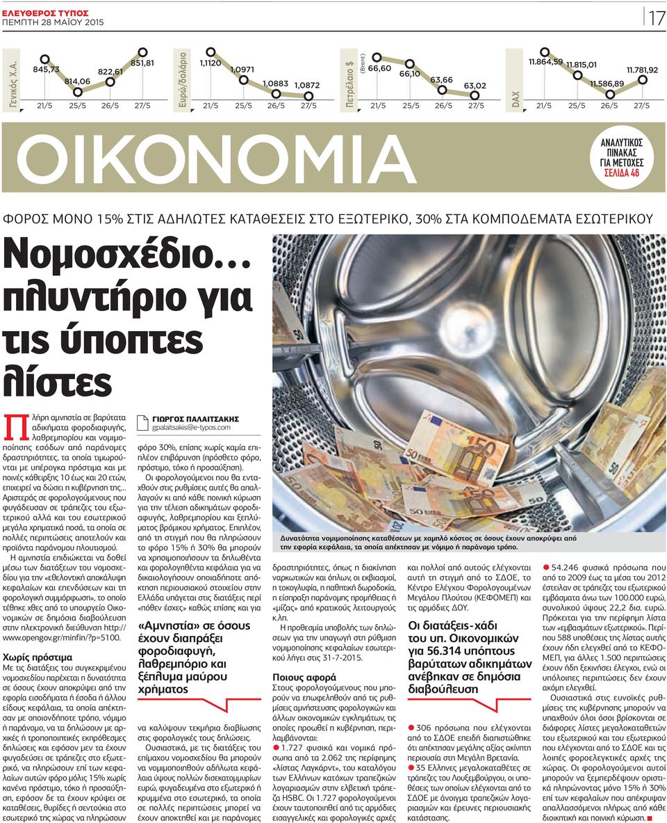 30% στα κομποδέματα εσωτερικού Νομοσχέδιο πλυντήριο για τις ύποπτες λίστες Πλήρη αμνηστία σε βαρύτατα αδικήματα φοροδιαφυγής, λαθρεμπορίου και νομιμοποίησης εσόδων από παράνομες δραστηριότητες, τα