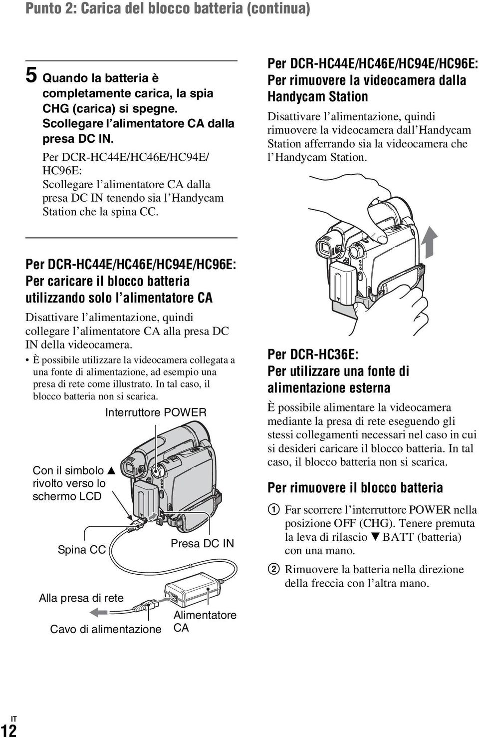 Per DCR-HC44E/HC46E/HC94E/HC96E: Per rimuovere la videocamera dalla Handycam Station Disattivare l alimentazione, quindi rimuovere la videocamera dall Handycam Station afferrando sia la videocamera