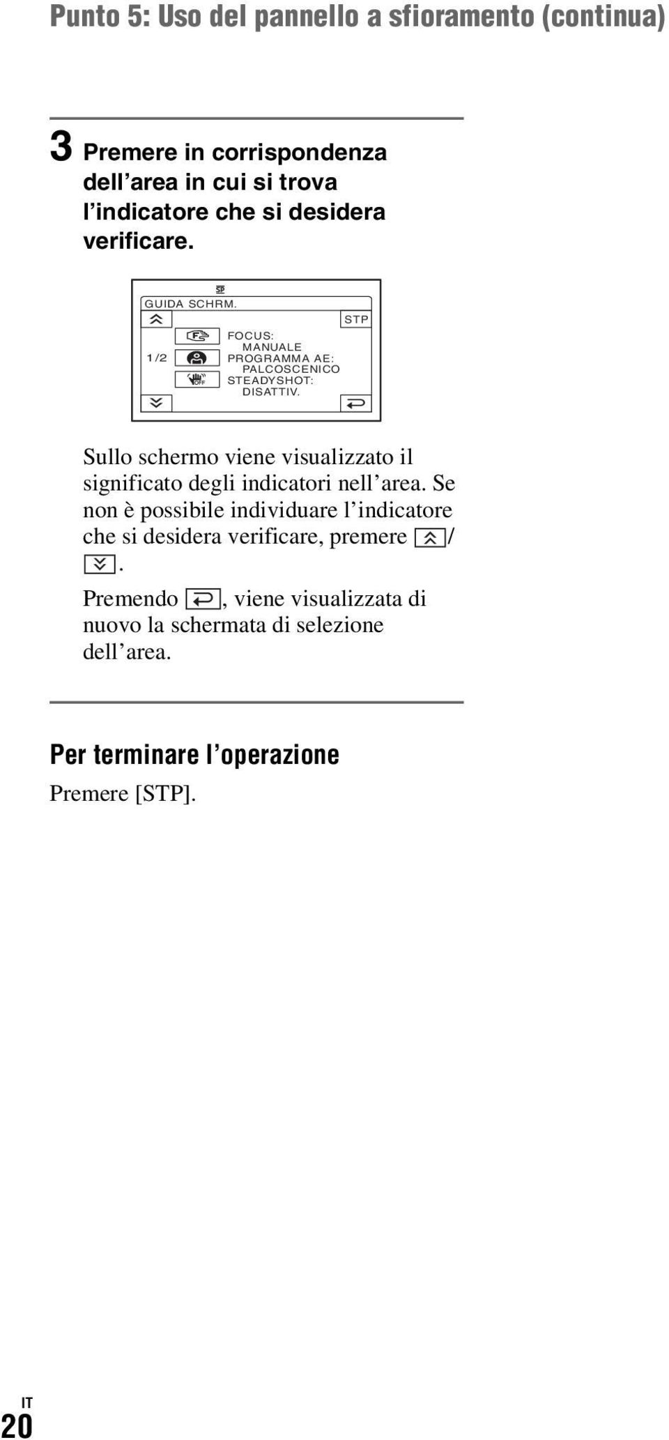 Sullo schermo viene visualizzato il significato degli indicatori nell area.