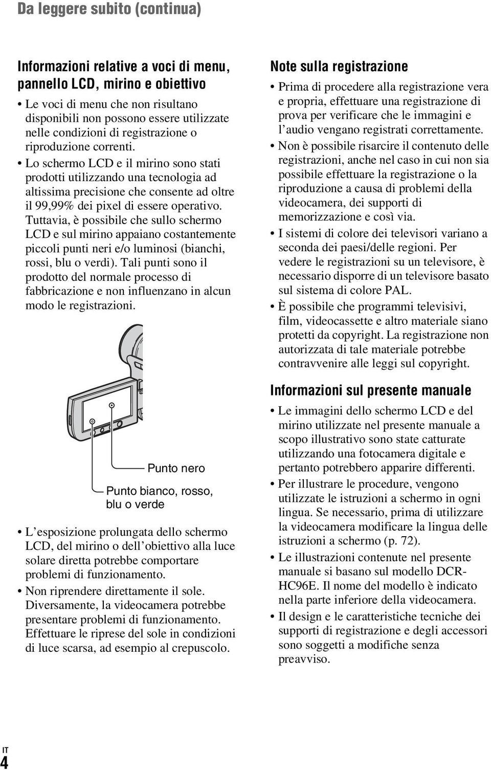 Tuttavia, è possibile che sullo schermo LCD e sul mirino appaiano costantemente piccoli punti neri e/o luminosi (bianchi, rossi, blu o verdi).