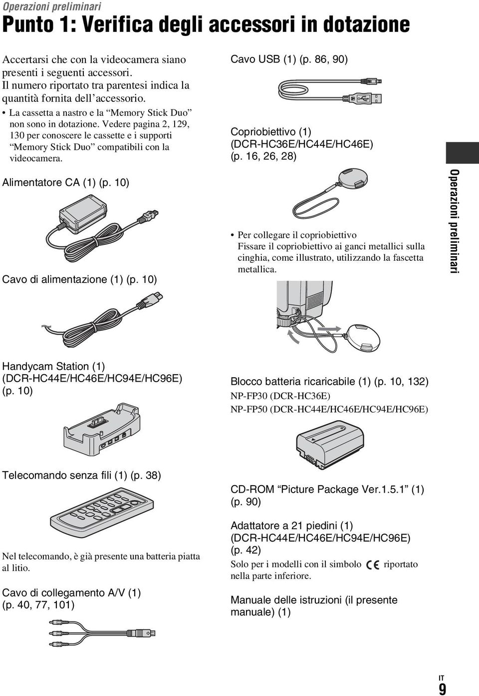 Vedere pagina 2, 129, 130 per conoscere le cassette e i supporti Memory Stick Duo compatibili con la videocamera. Cavo USB (1) (p. 86, 90) Copriobiettivo (1) (DCR-HC36E/HC44E/HC46E) (p.
