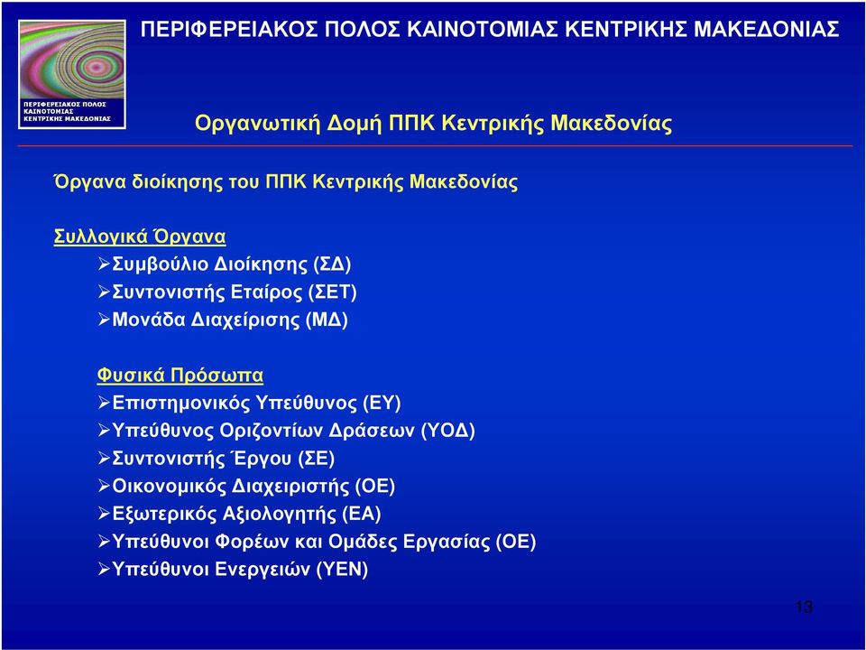 Επιστηµονικός Υπεύθυνος (ΕΥ) ΥπεύθυνοςΟριζοντίων ράσεων (ΥΟ ) Συντονιστής Έργου (ΣΕ) Οικονοµικός