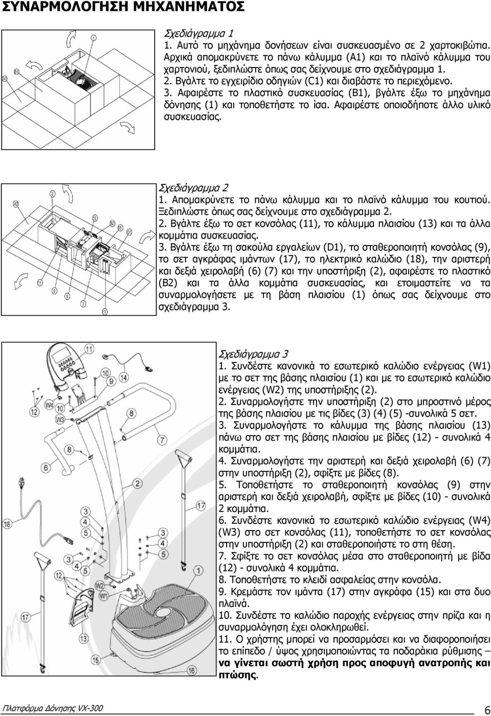 Αφαιρέστε το πλαστικό συσκευασίας (Β1), βγάλτε έξω το µηχάνηµα δόνησης (1) και τοποθετήστε το ίσα. Αφαιρέστε οποιοδήποτε άλλο υλικό συσκευασίας. Σχεδιάγραµµα 2 1.