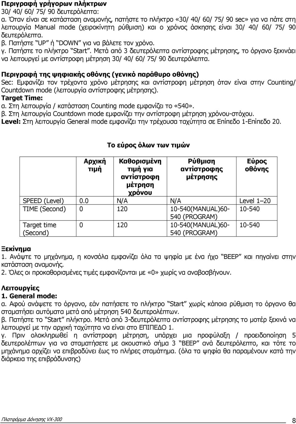 β. Πατήστε UP ή DOWN για να βάλετε τον χρόνο. γ. Πατήστε το πλήκτρο Start.