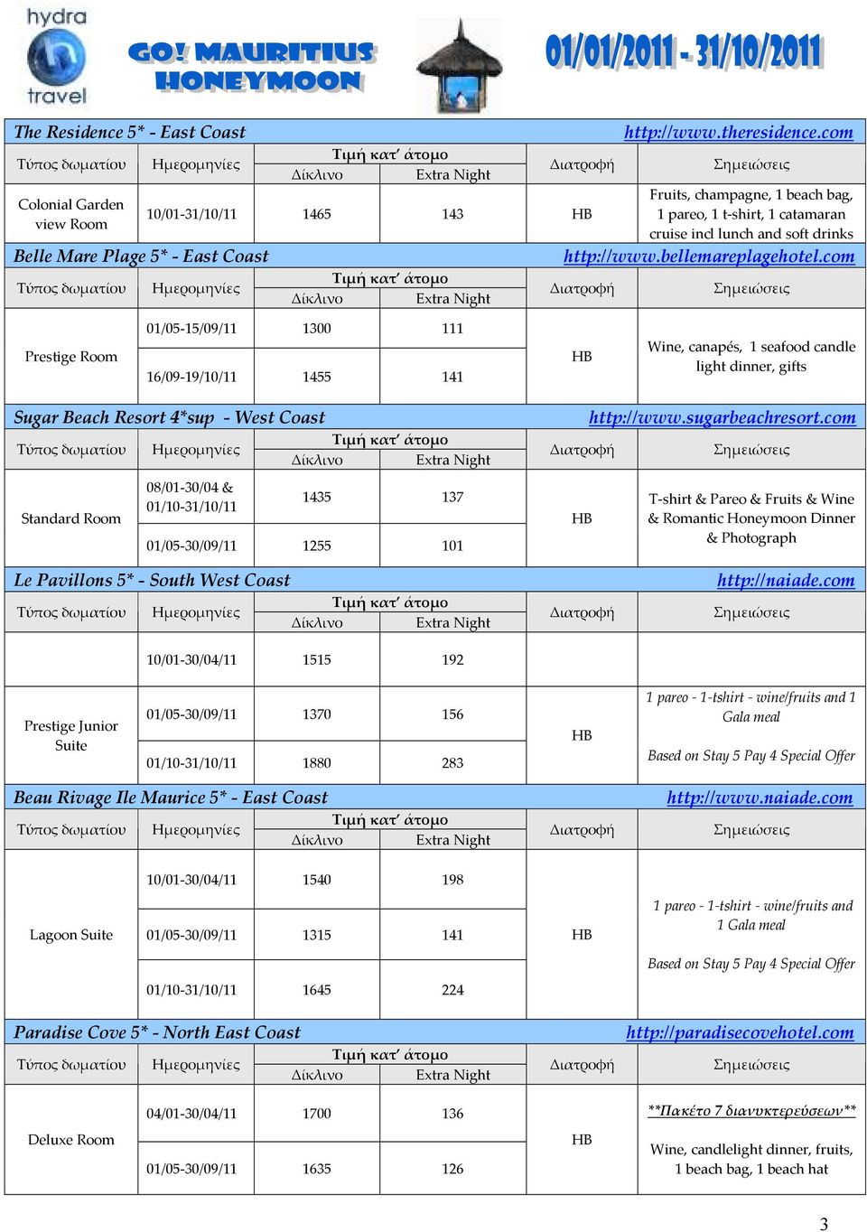 com Prestige Room 01/05-15/09/11 1300 111 16/09-19/10/11 1455 141 Wine, canapés, 1 seafood candle light dinner, gifts Sugar Beach Resort 4*sup - West Coast 1435 137 01/05-30/09/11 1255 101 http://www.