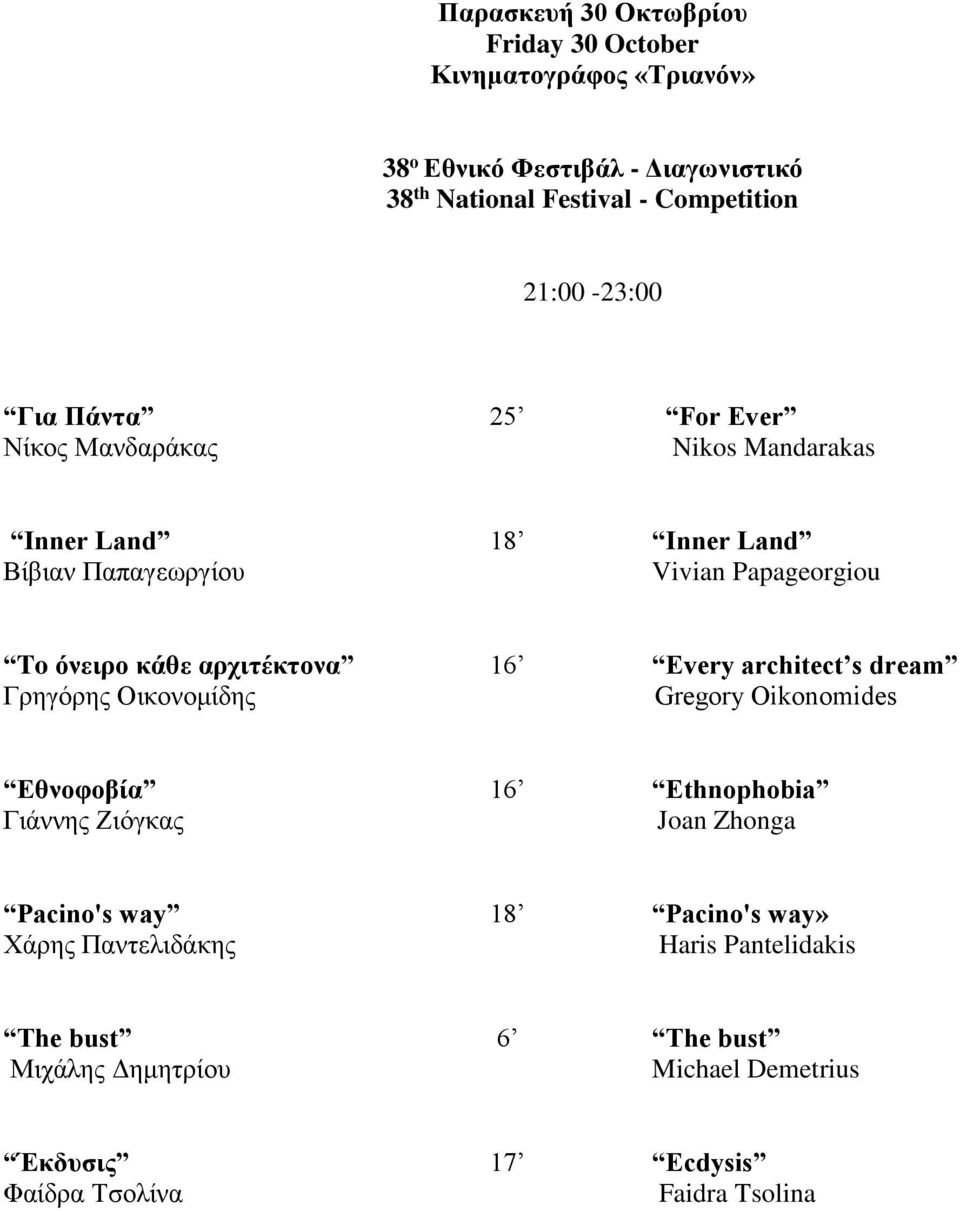 Every architect s dream Γρηγόρης Οικονομίδης Gregory Oikonomides Εθνοφοβία 16 Ethnophobia Γιάννης Ζιόγκας Joan Zhonga Pacino's way 18