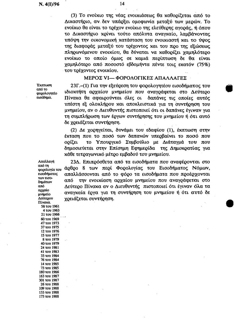 1986 163 του 1987 301 του 1987 26 του 1988 109 του 1988 133 του 1988 173 του 1988 (3) Το ενοίκιο της νέας ενοικιάσεως θα καθορίζεται από το Δικαστήριο, αν δεν υπάρξει ομοφωνία μεταξύ των μερών.