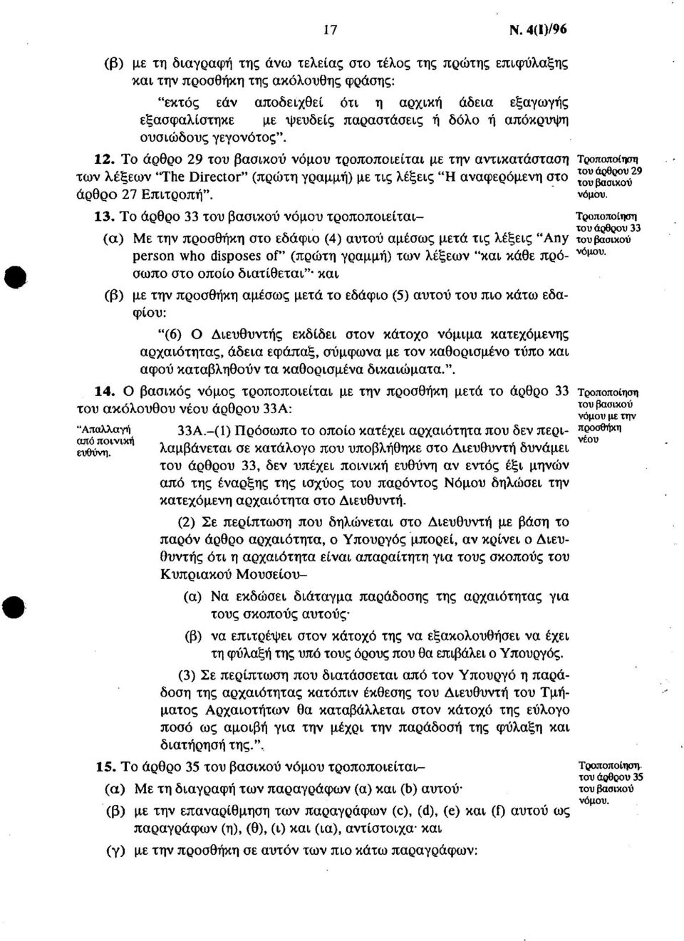 Το άρθρο 29 νόμου τροποποιείται με την αντικατάσταση των λέξεων 'The Director" (πρώτη γραμμή) με τις λέξεις "Η αναφερόμενη στο ^υ βασικού 29 άρθρο 27 Επιτροπή". 13.