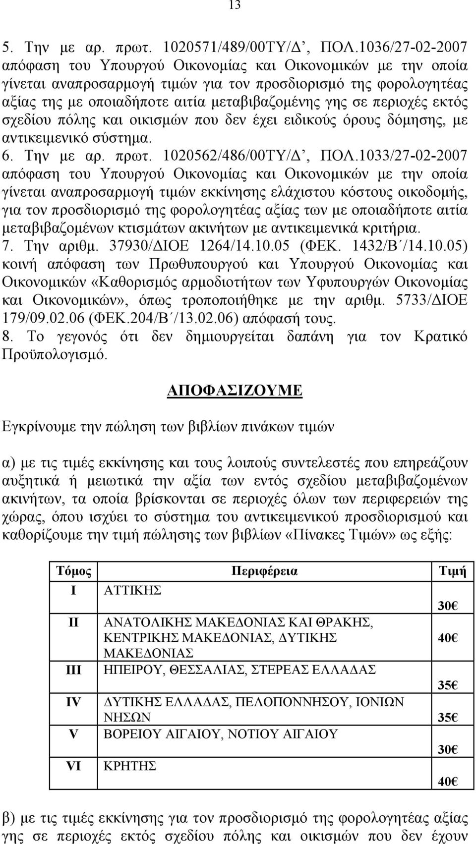 περιοχές εκτός σχεδίου πόλης και οικισμών που δεν έχει ειδικούς όρους δόμησης, με αντικειμενικό σύστημα. 6. Την με αρ. πρωτ. 1020562/486/00ΤΥ/Δ, ΠΟΛ.