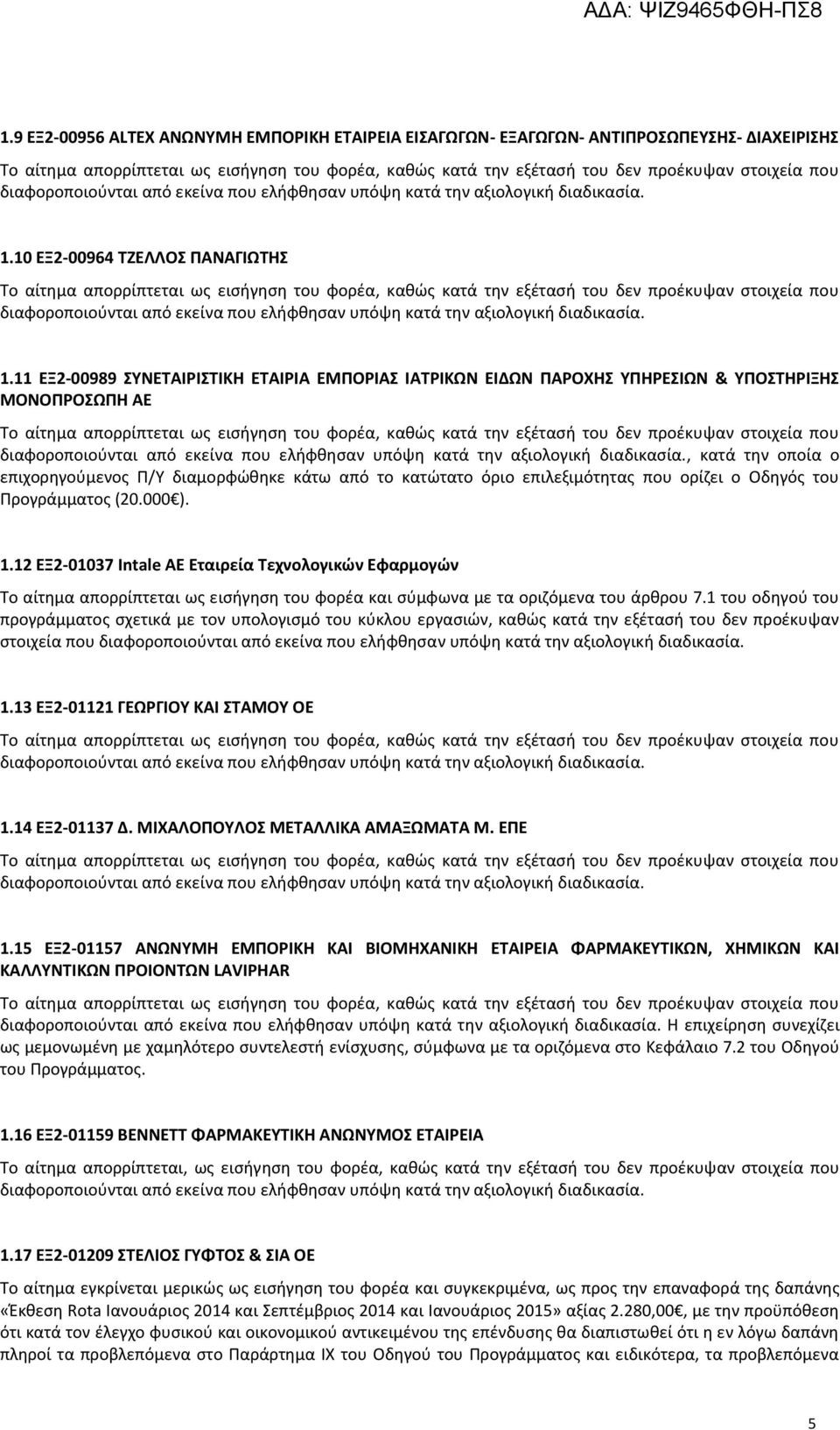 που ορίζει ο Οδηγός του Προγράμματος (20.000 ). 1.12 ΕΞ2-01037 Intale ΑΕ Εταιρεία Τεχνολογικών Εφαρμογών Το αίτημα απορρίπτεται ως εισήγηση του φορέα και σύμφωνα με τα οριζόμενα του άρθρου 7.