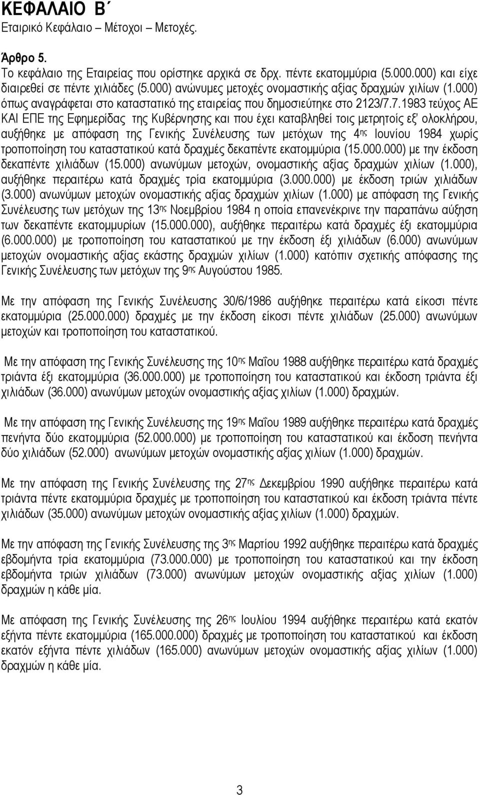 7.1983 ηεχρνο ΑΕ ΚΑΙ ΕΠΕ ηεο Εθεκεξίδαο ηεο Κπβέξλεζεο θαη πνπ έρεη θαηαβιεζεί ηνηο κεηξεηνίο εμ νινθιήξνπ, απμήζεθε κε απφθαζε ηεο Γεληθήο πλέιεπζεο ησλ κεηφρσλ ηεο 4 εο Ινπλίνπ 1984 ρσξίο