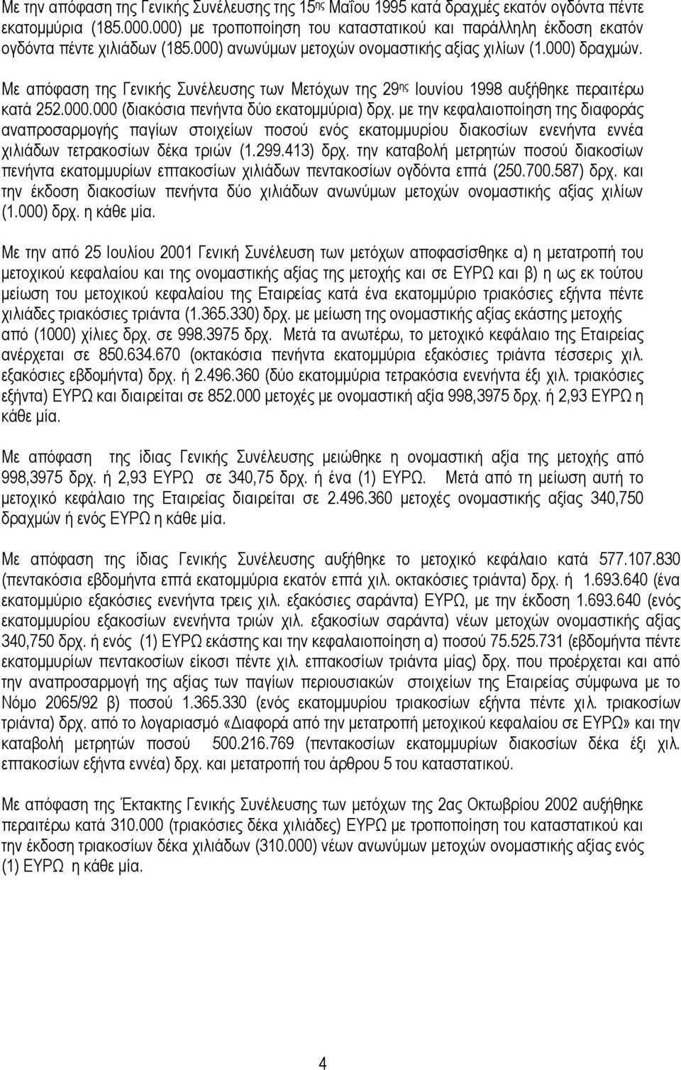 Με απφθαζε ηεο Γεληθήο πλέιεπζεο ησλ Μεηφρσλ ηεο 29 εο Ινπλίνπ 1998 απμήζεθε πεξαηηέξσ θαηά 252.000.000 (δηαθφζηα πελήληα δχν εθαηνκκχξηα) δξρ.