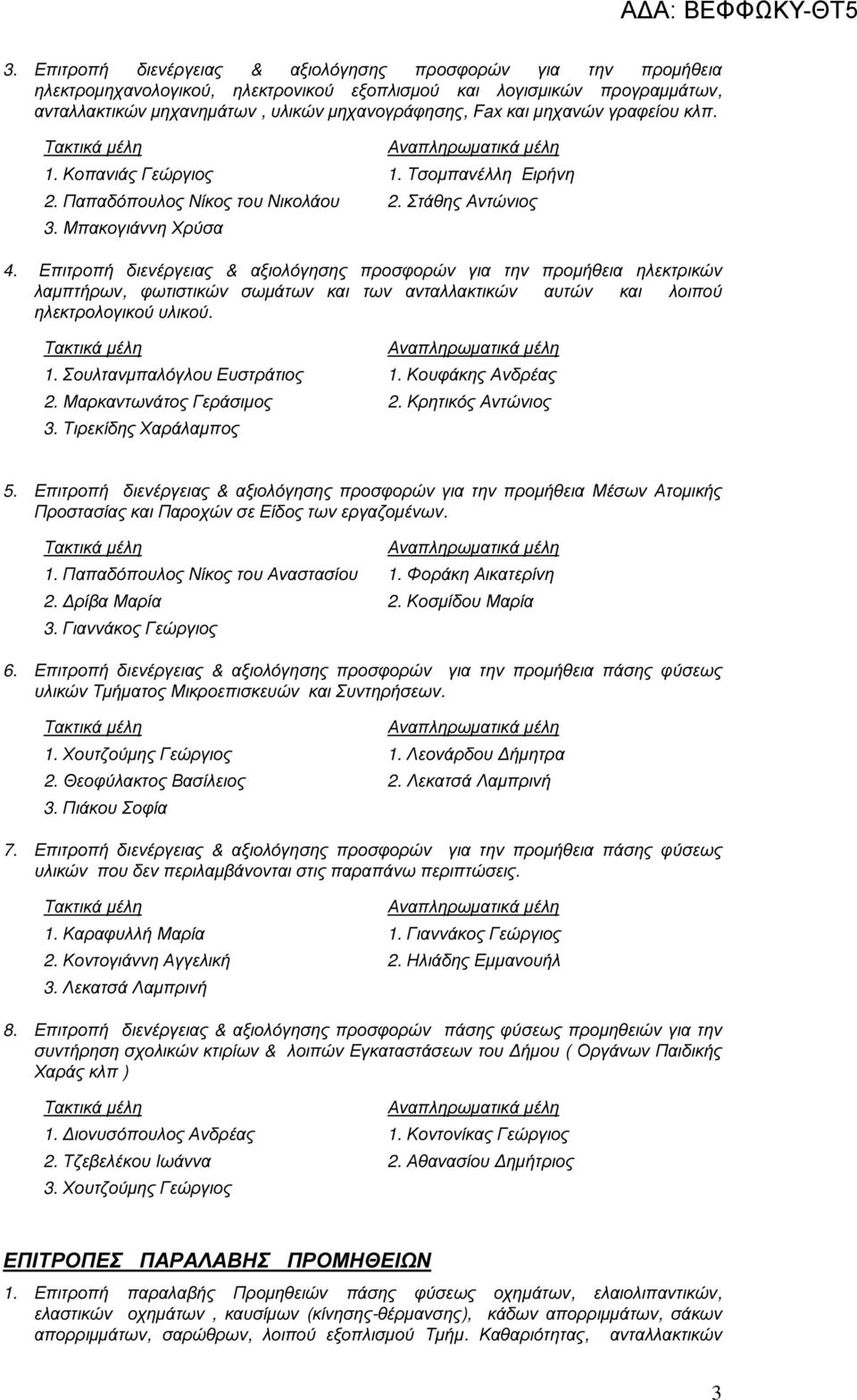 Επιτροπή διενέργειας & αξιολόγησης προσφορών για την προµήθεια ηλεκτρικών λαµπτήρων, φωτιστικών σωµάτων και των ανταλλακτικών αυτών και λοιπού ηλεκτρολογικού υλικού. 1. Σουλτανµπαλόγλου Ευστράτιος 1.