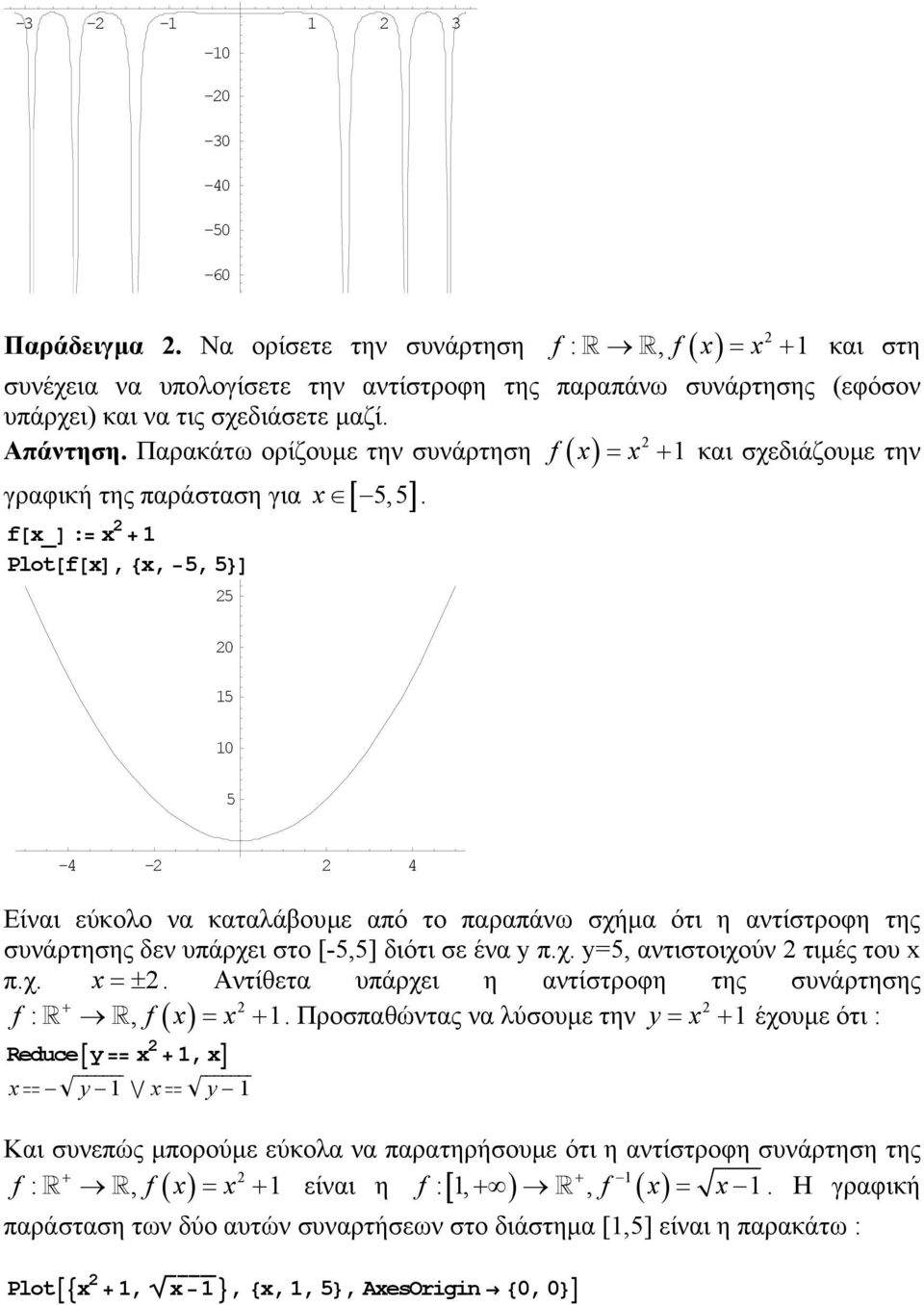 f@x_d := x + Plot@f@xD, 8x, 5, 5<D 5 0 5 0 5-4 - 4 Είναι εύκολο να καταλάβουµε από το παραπάνω σχήµα ότι η αντίστροφη της συνάρτησης δεν υπάρχει στο [-5,5] διότι σε ένα y π.χ. y=5, αντιστοιχούν τιµές του x π.