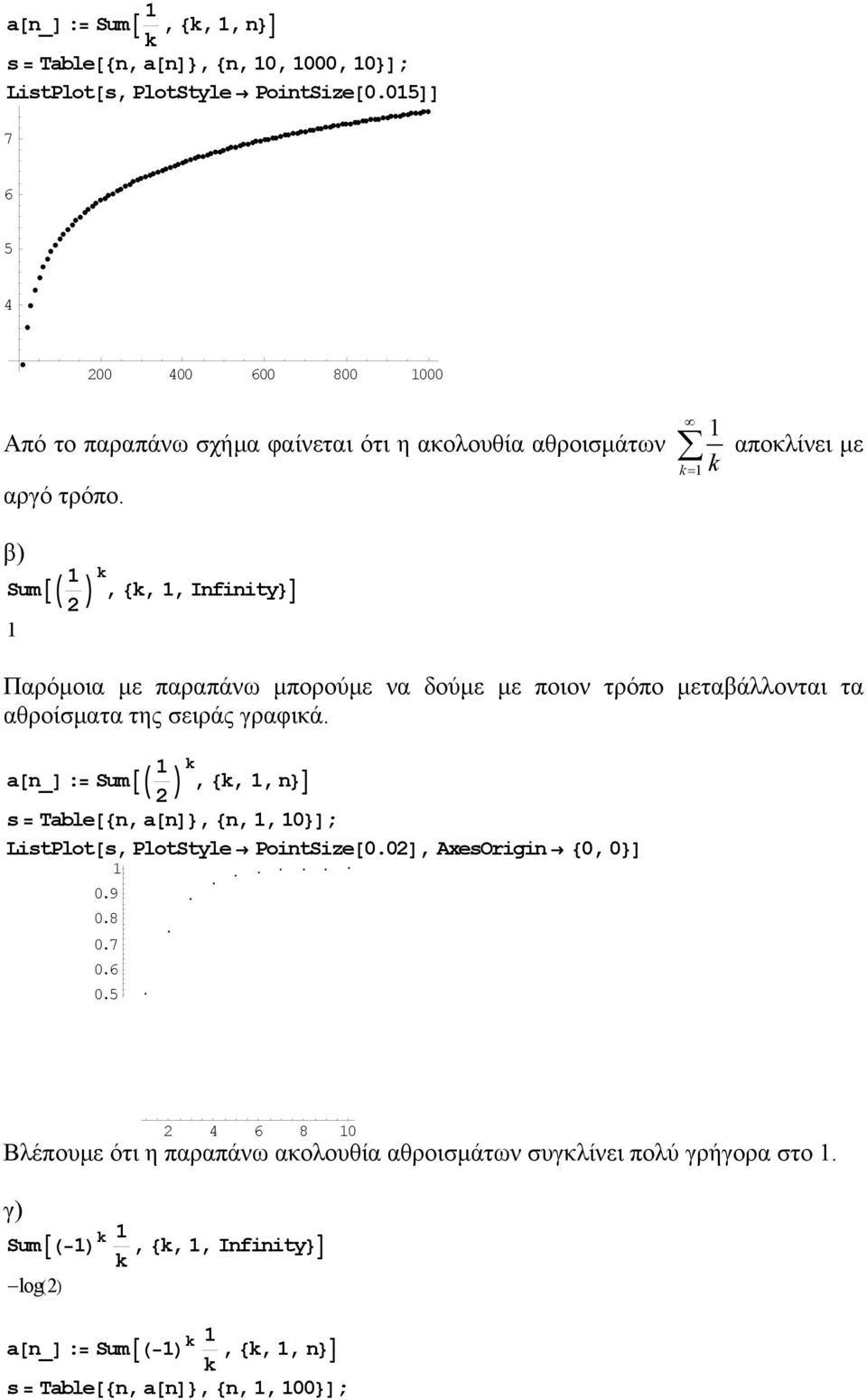 αποκλίνει µε k k = β) SumAJ Nk, 8k,, Infinity<E Παρόµοια µε παραπάνω µπορούµε να δούµε µε ποιον τρόπο µεταβάλλονται τα αθροίσµατα της σειράς γραφικά.