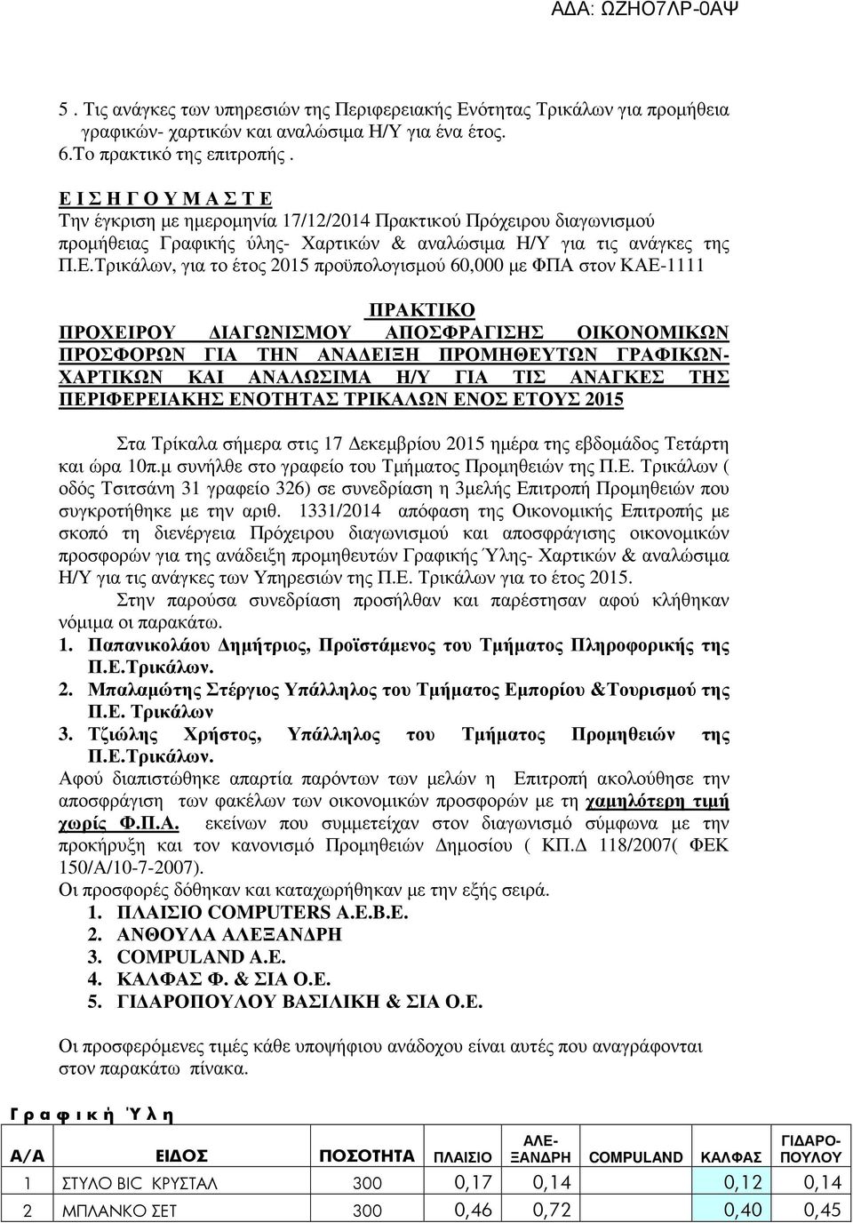 προϋπολογισµού 60,000 µε ΦΠΑ στον ΚΑΕ-1111 ΠΡΑΚΤΙΚΟ ΠΡΟΧΕΙΡΟΥ ΙΑΓΩΝΙΣΜΟΥ ΑΠΟΣΦΡΑΓΙΣΗΣ ΟΙΚΟΝΟΜΙΚΩΝ ΠΡΟΣΦΟΡΩΝ ΓΙΑ ΤΗΝ ΑΝΑ ΕΙΞΗ ΠΡΟΜΗΘΕΥΤΩΝ ΓΡΑΦΙΚΩΝ- ΧΑΡΤΙΚΩΝ ΚΑΙ ΑΝΑΛΩΣΙΜΑ Η/Υ ΓΙΑ ΤΙΣ ΑΝΑΓΚΕΣ ΤΗΣ