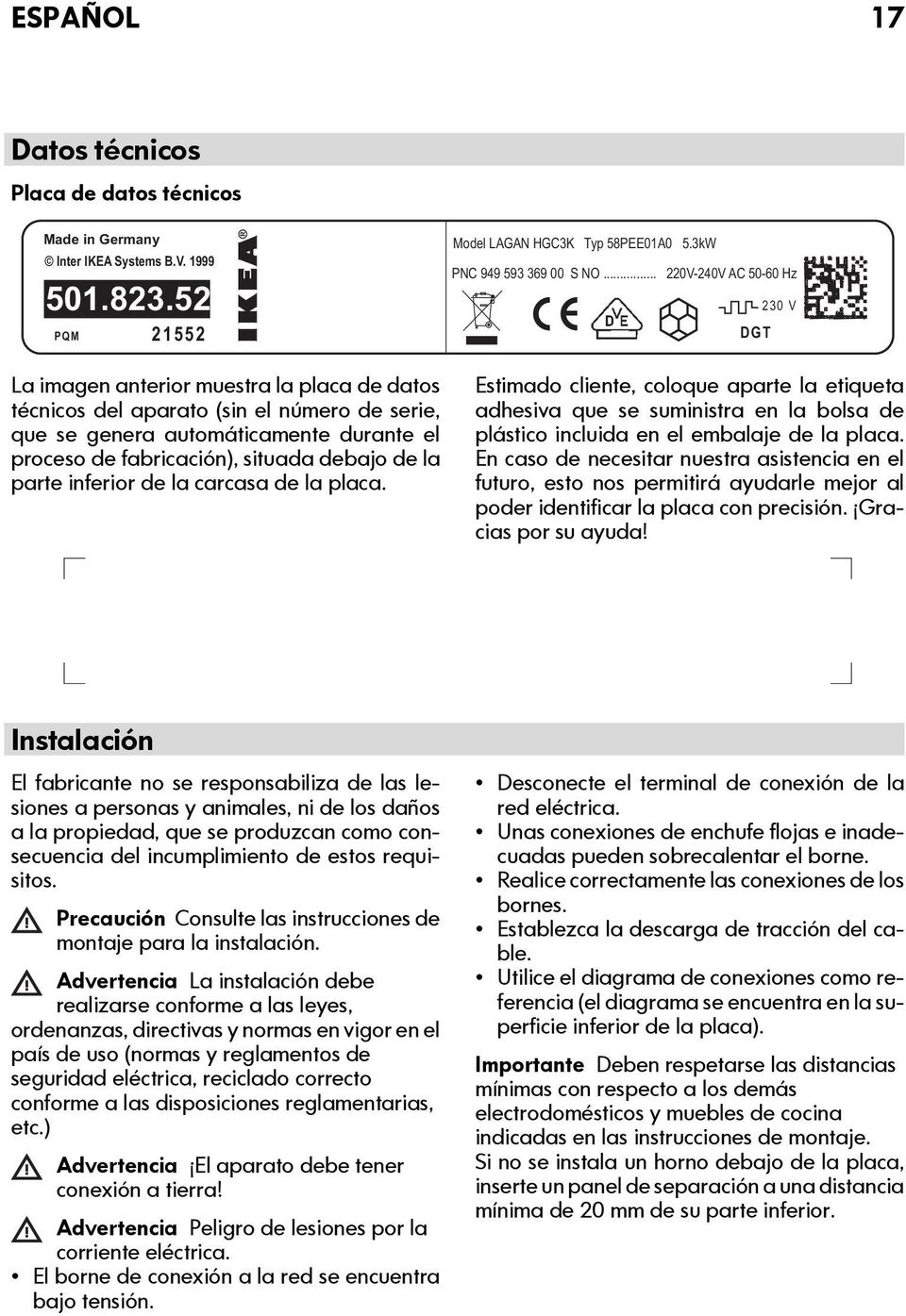 inferior de la carcasa de la placa. Model LAGAN HGC3K Typ 58PEE01A0 5.3kW PNC 949 593 369 00 S NO.