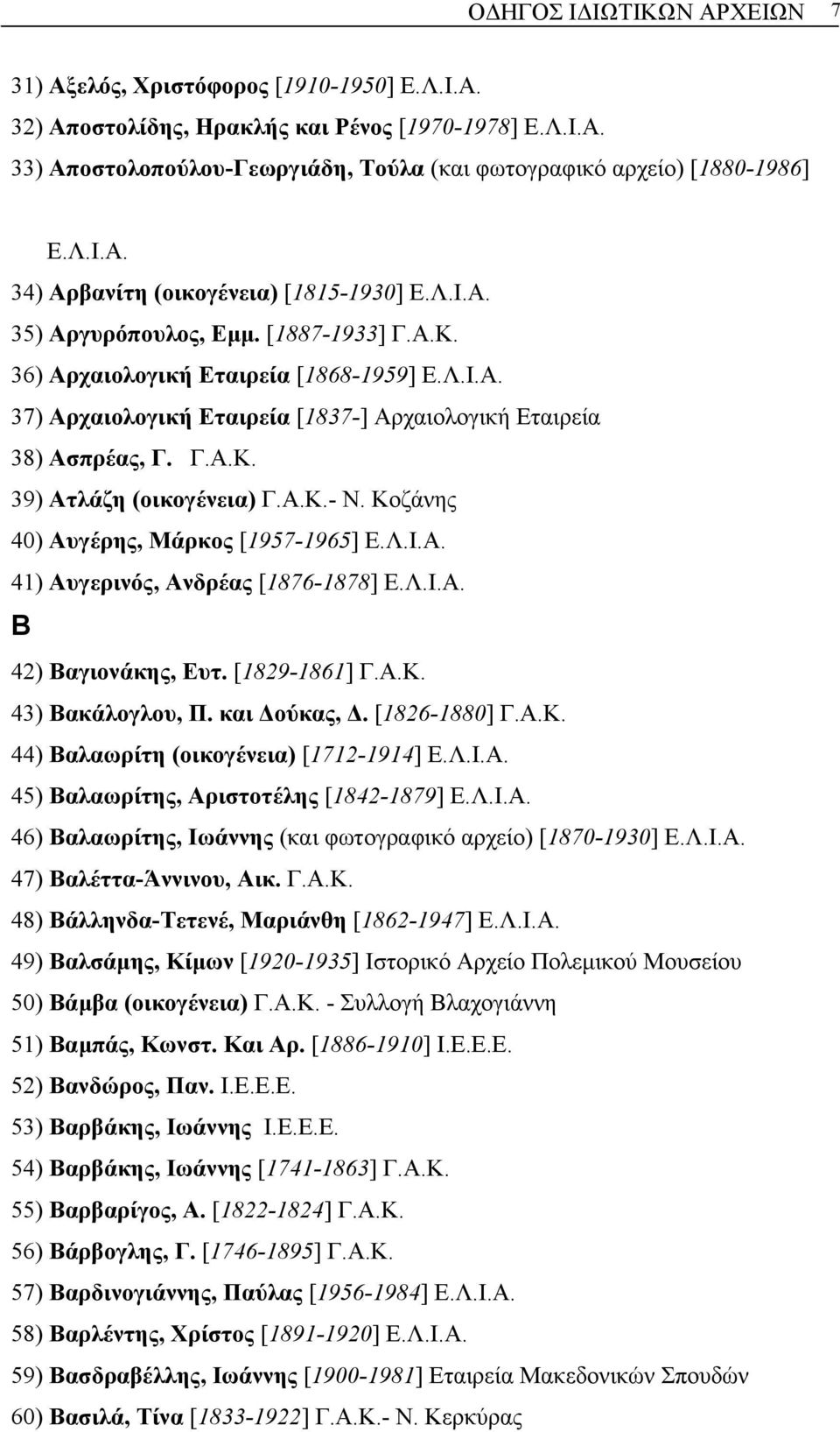 Γ.Α.Κ. 39) Ατλάζη (οικογένεια) Γ.Α.Κ.- Ν. Κοζάνης 40) Αυγέρης, Μάρκος [1957-1965] Ε.Λ.Ι.Α. 41) Αυγερινός, Ανδρέας [1876-1878] Ε.Λ.Ι.Α. Β 42) Βαγιονάκης, Ευτ. [1829-1861] Γ.Α.Κ. 43) Βακάλογλου, Π.