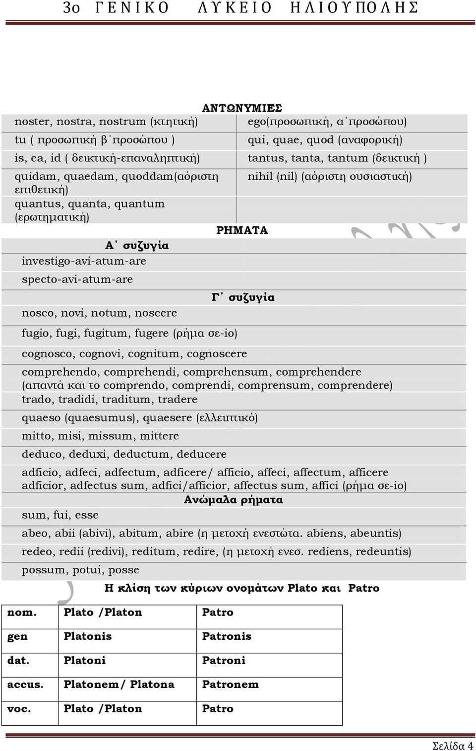 noscere fugio, fugi, fugitum, fugere (ρήμα σε-io) Γ συζυγία cognosco, cognovi, cognitum, cognoscere comprehendo, comprehendi, comprehensum, comprehendere (απαντά και το comprendo, comprendi,