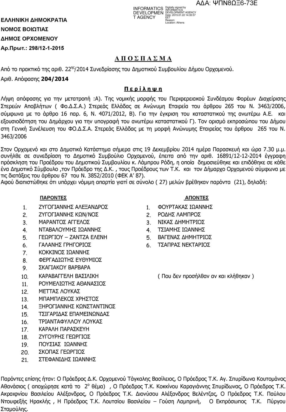 3463/2006, σύμφωνα με το άρθρο 16 παρ. 6, Ν. 4071/2012, Β). Για την έγκριση του καταστατικού της ανωτέρω Α.Ε. και εξουσιοδότηση του Δημάρχου για την υπογραφή του ανωτέρω καταστατικού Γ).