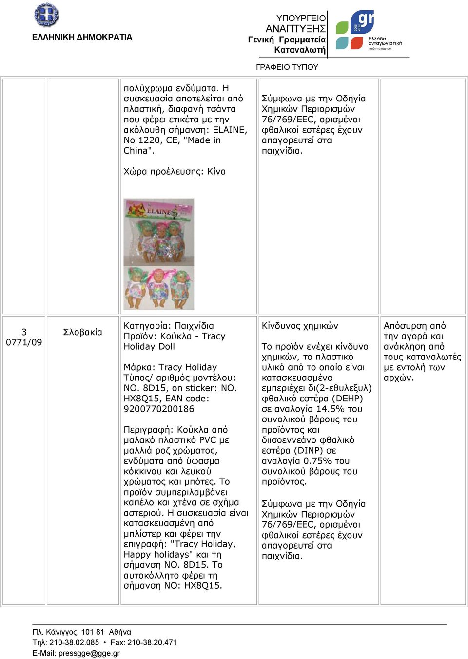 3 0771/09 Σλοβακία Κατηγορία: Παιχνίδια Προϊόν: Κούκλα - Tracy Holiday Doll Μάρκα: Tracy Holiday NO. 8D15, on sticker: NO.